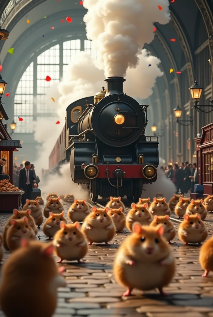 A hyper-realistic 3D depiction of a fantastical world where hamsters are the only inhabitants and have taken over as the dominant species. Set in a bustling London train station during the age of steam, the scene is completely devoid of humans, focusing entirely on the chubby, fluffy hamsters of various colors and patterns. Each hamster has a round, plump body that adds to their charm, their fur meticulously detailed to highlight every soft strand.

The station is alive with activity as hamsters waddle about, their rotund forms making their movements both endearing and comical. Some hamsters clutch tiny tickets as they struggle to climb the steps of a grand steam locomotive, while others, equally portly, roll their miniature luggage along the platform. A few hamsters are hilariously blown into the air by bursts of steam from the locomotive, their puffed-up fur and startled expressions frozen mid-flight.

Every corner of the platform is packed with busy hamsters, their round shapes creating a delightful scene of chaos. Vendors operate tiny carts filled with snacks perfectly suited for hamsters, while conductor hamsters in tiny uniforms shout orders to manage the flow of their fellow commuters. Above, colorful confetti showers the station, captured mid-air in perfect clarity, adding a festive atmosphere to the impending train departure.

The enormous steam locomotive dominates the station, its polished brass fittings gleaming and its thick, swirling plumes of steam rising majestically into the air. Every detail, from the cobblestones of the platform to the intricate fur of the chubby hamsters, is rendered in striking 8K realism, creating a vivid, joyful, and surreal celebration of this hamster-exclusive world. The absence of humans heightens the focus on the hamsters’ dominance, their plump forms emphasizing their whimsical and adorable nature.