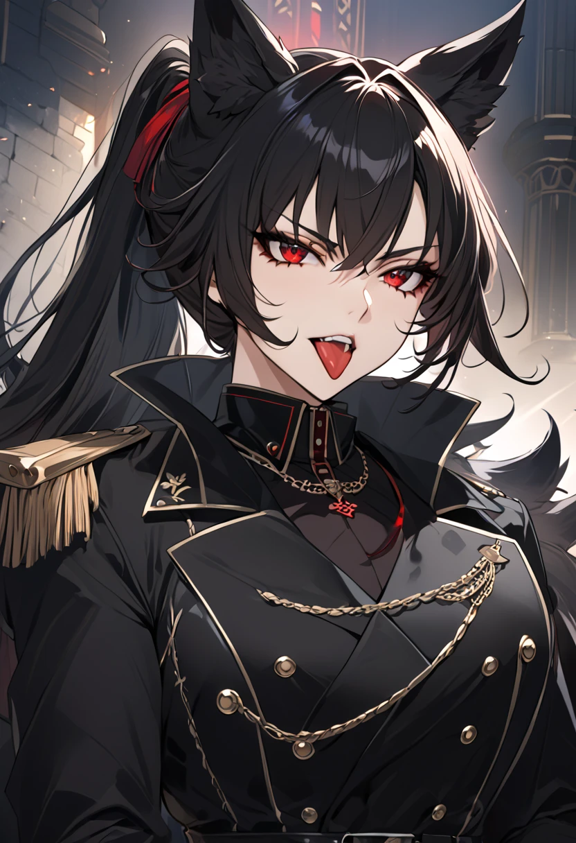 beautiful anime woman wearing a black military trench coat, tight black jeans pants, wolf ears, wolf tail, half wolf and half human, red eye color, black hair in a ponytail, light novel art, detailed anime art, anime, regal, royal, sexy, thicc, beautiful feminine facial features, flirtatious, sultry, slutty, petite, sharp canines, aheago, villain, all black clothing, high quality, very detailed anime art, feminine, slender face, military general vibes, pretty girl, good lighting, close up shot of face, sticking her tongue out expression, lewd, red highlights, lewd smile, cute