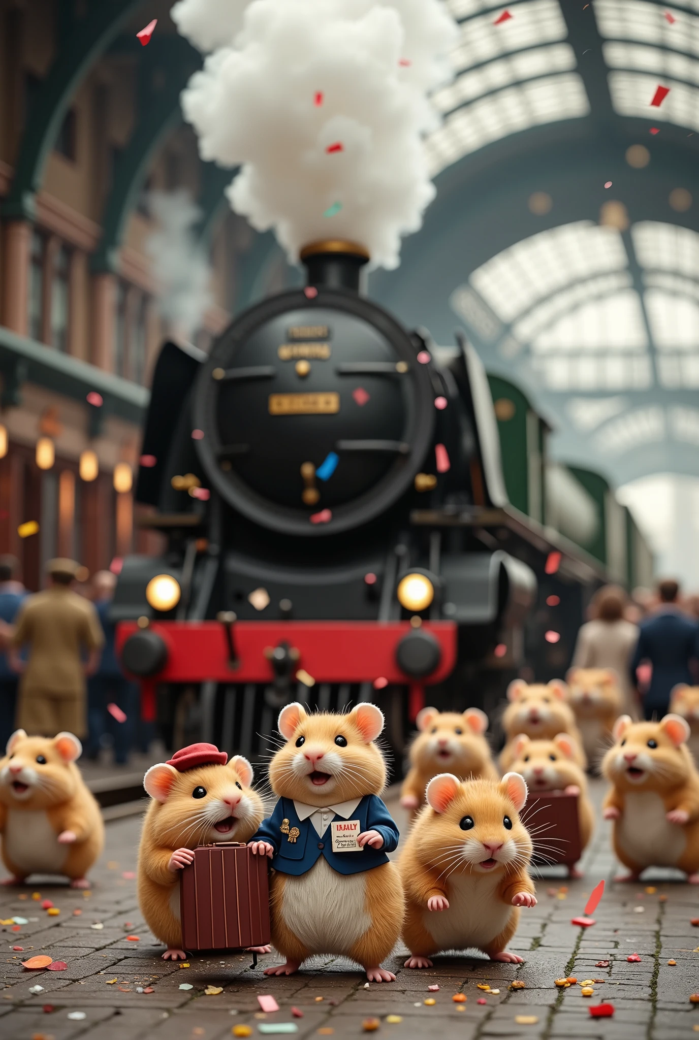 A hyper-realistic 3D depiction of a fantastical world where hamsters are the only inhabitants and have taken over as the dominant species. Set in a bustling London train station during the age of steam, the scene is completely devoid of humans, focusing entirely on the chubby, fluffy hamsters of various colors and patterns. Each hamster has a round, plump body that adds to their charm, their fur meticulously detailed to highlight every soft strand.

The station is alive with activity as hamsters waddle about, their rotund forms making their movements both endearing and comical. Some hamsters clutch tiny tickets as they struggle to climb the steps of a grand steam locomotive, while others, equally portly, roll their miniature luggage along the platform. A few hamsters are hilariously blown into the air by bursts of steam from the locomotive, their puffed-up fur and startled expressions frozen mid-flight.

Every corner of the platform is packed with busy hamsters, their round shapes creating a delightful scene of chaos. Vendors operate tiny carts filled with snacks perfectly suited for hamsters, while conductor hamsters in tiny uniforms shout orders to manage the flow of their fellow commuters. Above, colorful confetti showers the station, captured mid-air in perfect clarity, adding a festive atmosphere to the impending train departure.

The enormous steam locomotive dominates the station, its polished brass fittings gleaming and its thick, swirling plumes of steam rising majestically into the air. Every detail, from the cobblestones of the platform to the intricate fur of the chubby hamsters, is rendered in striking 8K realism, creating a vivid, joyful, and surreal celebration of this hamster-exclusive world. The absence of humans heightens the focus on the hamsters’ dominance, their plump forms emphasizing their whimsical and adorable nature.