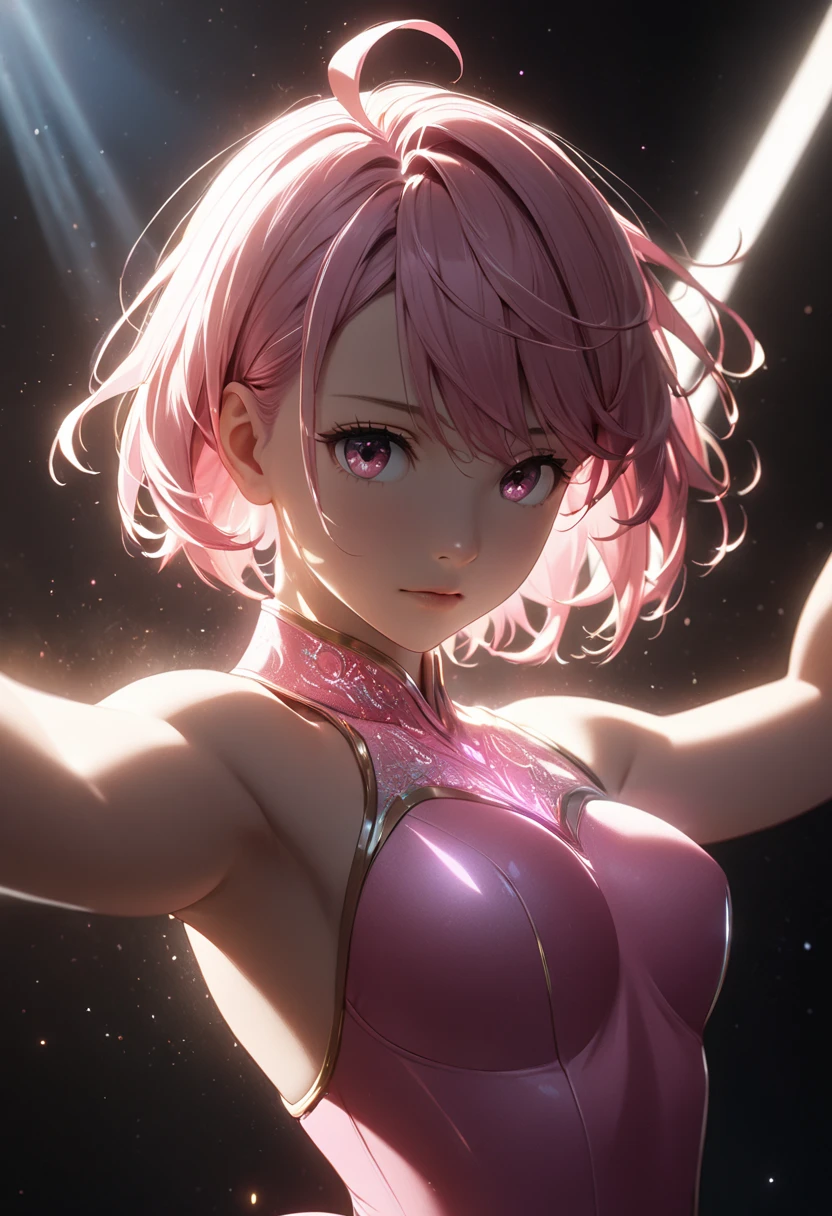 {{      Masterpiece   }},    best quality,    High Definition CG Unity 8K Wallpaper   ,    Cinematic Lighting  ,    lens flare   ,     beautiful detail  ,   light, particle, ( Pale :1.5),  Shiratori Aira,       asymmetrical short hair raised on the left side   ,  Smooth hair、Ahoge,   Pink Hair, Pink Eye,    pink leotard 、   acrobatic pose  、medium breast,   Cowboy Shots  