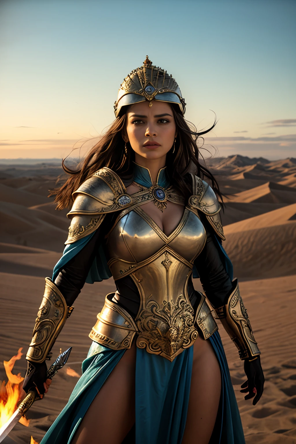 Depict Queen Zenobia of Palmyra in a battle-ready attire on the battlefield. She wears a fitted, armored tunic made of reinforced leather, intricately designed with gold accents and symbols of her royal lineage. Her arms are protected by ornate bracers, and she has a flowing cape that billows behind her, displaying the colors of her kingdom. Zenobia wields a beautifully crafted sword with a jeweled hilt, radiating power and authority. Her helmet features elegant designs, framing her determined face, and her long hair flows freely beneath it. Surrounding her are the chaotic elements of battle, with soldiers clashing and the dust of the battlefield swirling, emphasizing her fierce leadership and bravery in the heat of combat. Depict Queen Zenobia of Palmyra in the midst of battle. She wears ornate armor adorned with golden decorations and a helmet that gleams in the light. Surrounding her are flames and the chaotic sounds of warriors clashing. Zenobia fiercely brandishes her sword, glaring at her enemies with determination. In the background, a desert landscape unfolds under a sunset sky, highlighting her silhouette against the light, symbolizing her resolve and strength.