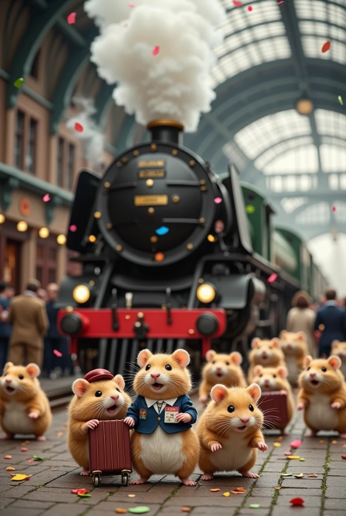 A hyper-realistic 3D depiction of a fantastical world where hamsters are the only inhabitants and have taken over as the dominant species. Set in a bustling London train station during the age of steam, the scene is completely devoid of humans, focusing entirely on the chubby, fluffy hamsters of various colors and patterns. Each hamster has a round, plump body that adds to their charm, their fur meticulously detailed to highlight every soft strand.

The station is alive with activity as hamsters waddle about, their rotund forms making their movements both endearing and comical. Some hamsters clutch tiny tickets as they struggle to climb the steps of a grand steam locomotive, while others, equally portly, roll their miniature luggage along the platform. A few hamsters are hilariously blown into the air by bursts of steam from the locomotive, their puffed-up fur and startled expressions frozen mid-flight.

Every corner of the platform is packed with busy hamsters, their round shapes creating a delightful scene of chaos. Vendors operate tiny carts filled with snacks perfectly suited for hamsters, while conductor hamsters in tiny uniforms shout orders to manage the flow of their fellow commuters. Above, colorful confetti showers the station, captured mid-air in perfect clarity, adding a festive atmosphere to the impending train departure.

The enormous steam locomotive dominates the station, its polished brass fittings gleaming and its thick, swirling plumes of steam rising majestically into the air. Every detail, from the cobblestones of the platform to the intricate fur of the chubby hamsters, is rendered in striking 8K realism, creating a vivid, joyful, and surreal celebration of this hamster-exclusive world. The absence of humans heightens the focus on the hamsters’ dominance, their plump forms emphasizing their whimsical and adorable nature.