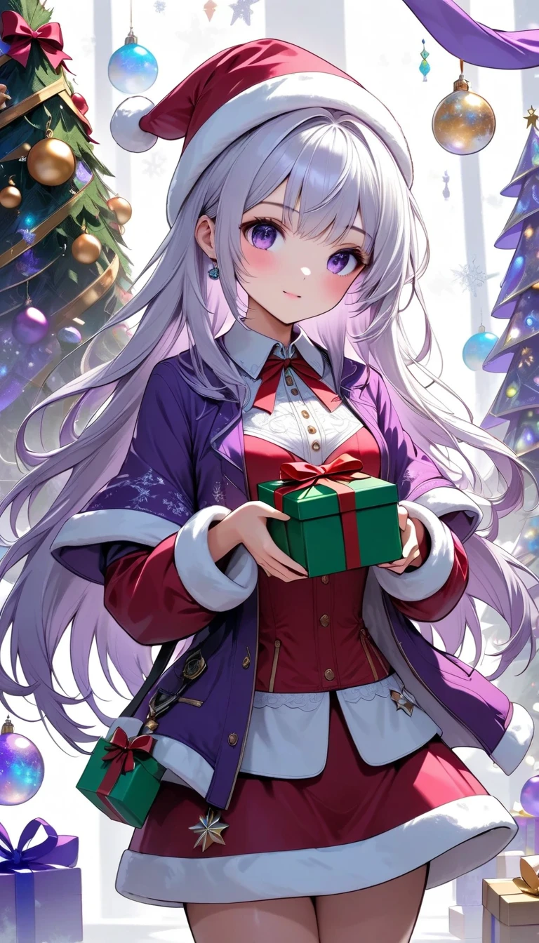 (  Masterpiece ,    best quality:1.2),    1 girl, Alone, \ Characters "  atlus"\,   Santa Girl ,  I'll give you a present   , Cute charm   ,    Christmas tree wearing a green tube top will add color ,   Clear purple overlay   , Rough,   intricate character design  ,  bshp   