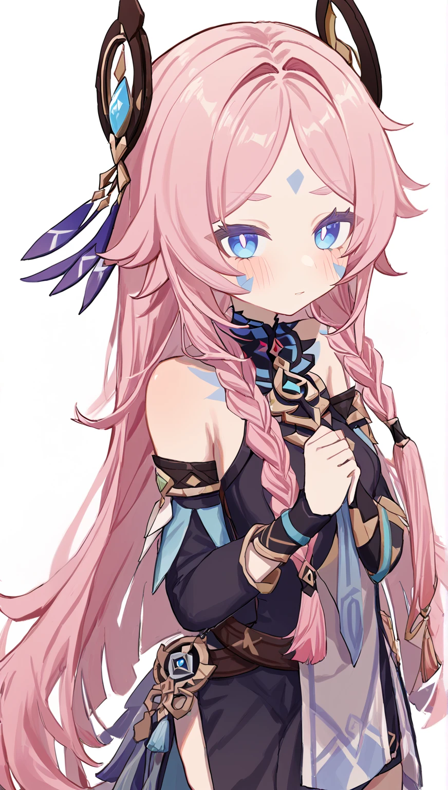 citlali,シトラリ(genshin impact),1girl,cowboy shot,pink hair,parted bangs,very long hair,hair down,braids,hair ornament,facial Mark,blue eyes,pink pupils,tribal clothes,waistcloth,Genshin Impact Style,AddXL,glowing eyes,blush,beautiful detailed,hyper detail,masterpiece,best quality,bright,hair ornament,facial Mark,citlali,white background
