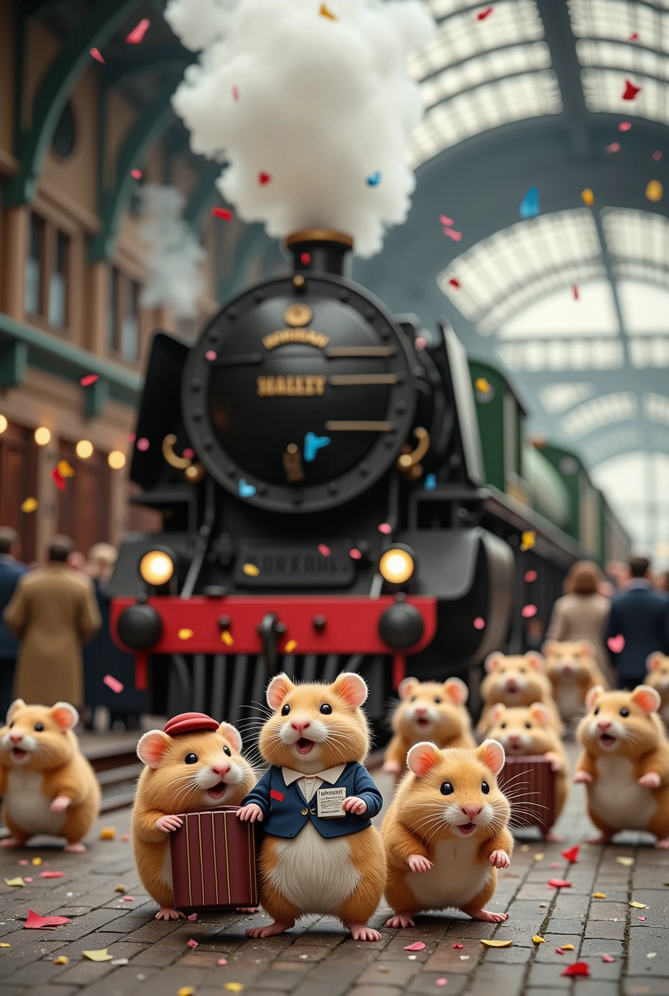 A hyper-realistic 3D depiction of a fantastical world where hamsters are the only inhabitants and have taken over as the dominant species. Set in a bustling London train station during the age of steam, the scene is completely devoid of humans, focusing entirely on the chubby, fluffy hamsters of various colors and patterns. Each hamster has a round, plump body that adds to their charm, their fur meticulously detailed to highlight every soft strand.

The station is alive with activity as hamsters waddle about, their rotund forms making their movements both endearing and comical. Some hamsters clutch tiny tickets as they struggle to climb the steps of a grand steam locomotive, while others, equally portly, roll their miniature luggage along the platform. A few hamsters are hilariously blown into the air by bursts of steam from the locomotive, their puffed-up fur and startled expressions frozen mid-flight.

Every corner of the platform is packed with busy hamsters, their round shapes creating a delightful scene of chaos. Vendors operate tiny carts filled with snacks perfectly suited for hamsters, while conductor hamsters in tiny uniforms shout orders to manage the flow of their fellow commuters. Above, colorful confetti showers the station, captured mid-air in perfect clarity, adding a festive atmosphere to the impending train departure.

The enormous steam locomotive dominates the station, its polished brass fittings gleaming and its thick, swirling plumes of steam rising majestically into the air. Every detail, from the cobblestones of the platform to the intricate fur of the chubby hamsters, is rendered in striking 8K realism, creating a vivid, joyful, and surreal celebration of this hamster-exclusive world. The absence of humans heightens the focus on the hamsters’ dominance, their plump forms emphasizing their whimsical and adorable nature.