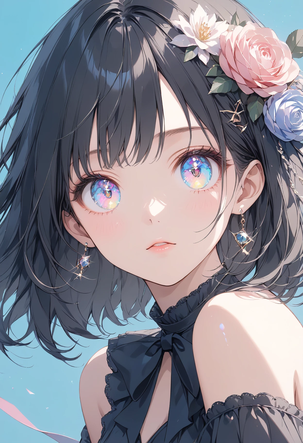 Masterpiece, high quality, high tonal range, high resolution, 16K, KyoAni illustration, background detail, digital painting, hyperrealistic, shimmering pastel colors, pop art, petite woman, young woman, beautiful face, long eyelashes, fair skin, upper body, bare shoulders, black spats, thin legs, shiny thighs, black hair Idol with short bob and hair ornament, sparkling eyes, big eyes, peace in eyes, live stage, colorful spotlight, cinematic effect, cinematic angle