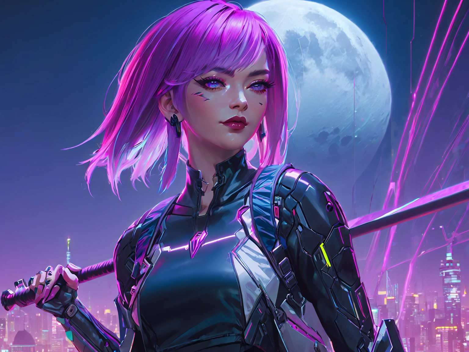 a woman with hair and a black shirt is standing in front of a neon city background with full moon, Beautiful female cyborg in motion, whole body is synthetic silicon skin and black armor, white and purple and magenta colors, She is holding a baseball bat in her hand and resting it on her shoulder, perspective camera angle, lois van baarle and rossdraws, portrait of Rita from Cyberpunk 2077, artgerm and lois van baarle, rossdraws 2. 0, rossdraws 1. 0, rossdraws 2. 5, artgerm and rossdraws, artgerm comic, 8K image quality, Masterpiece black background with full moon, 8K image quality, Masterpiece