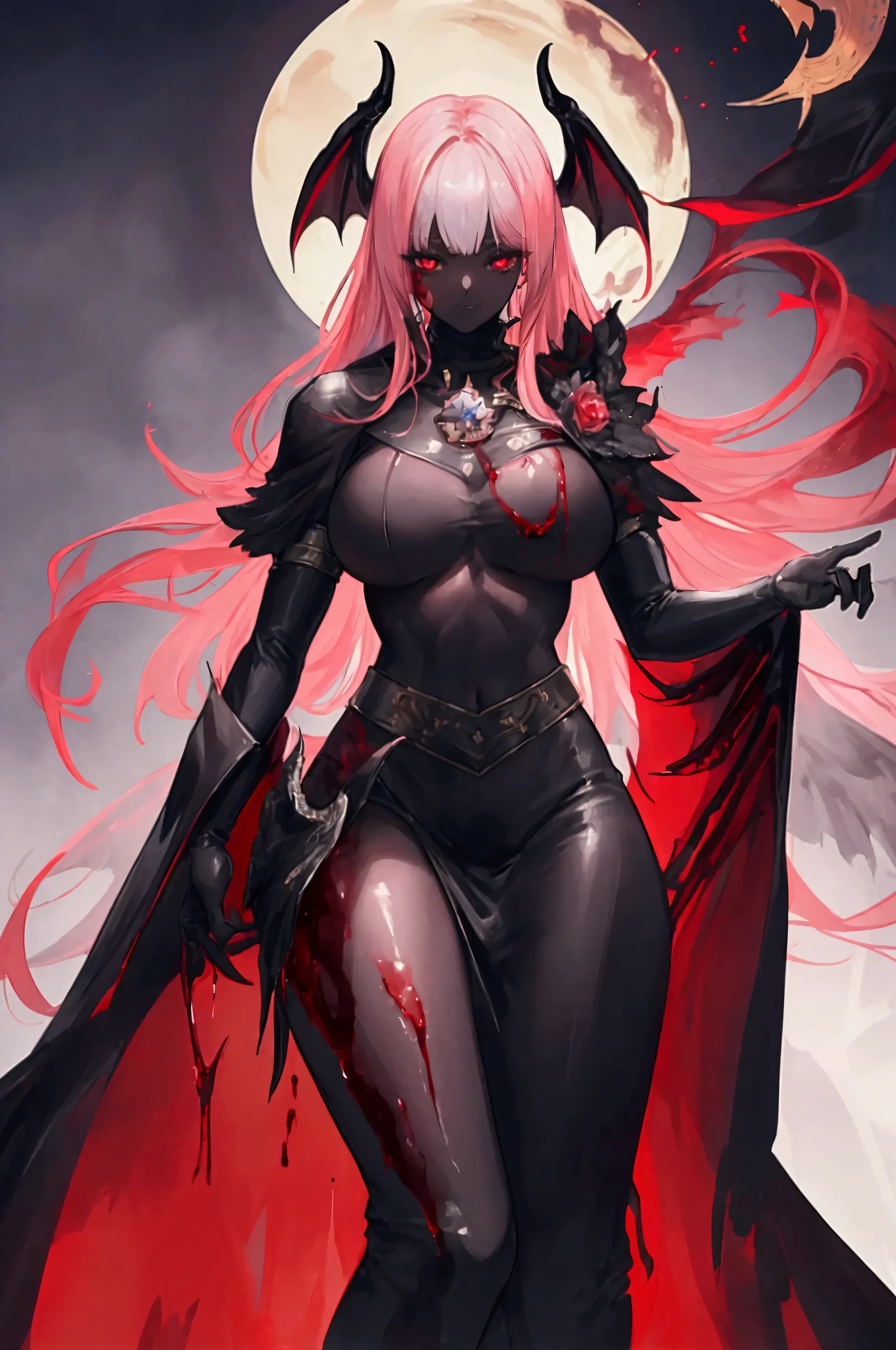 Grey skin, bloody, angel, rare, cursed maiden, loincloth, Angelic armor, beautiful woman, long silver hair, red glowing eyes, grey skin, black wings, palace ruins,
