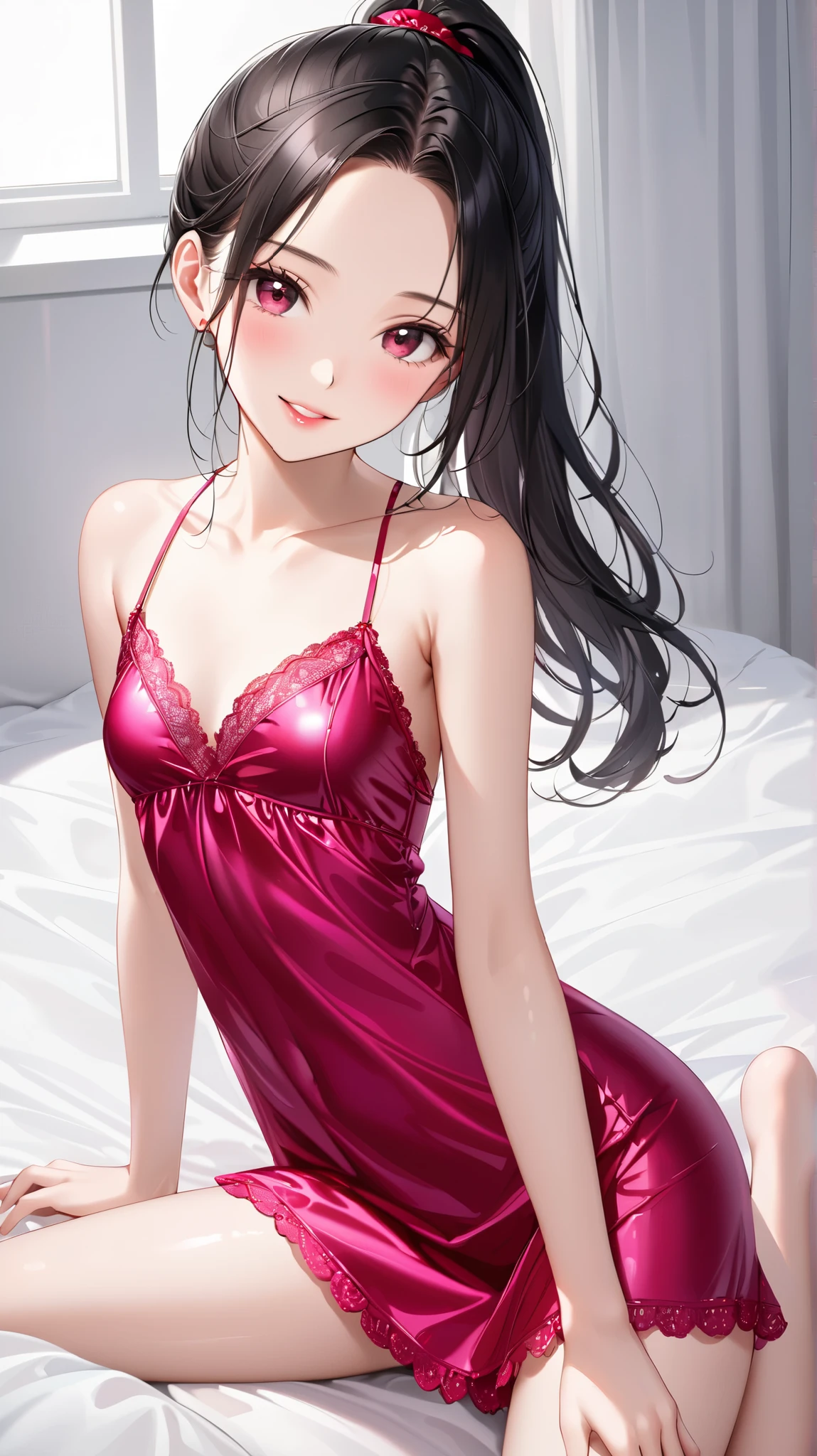 (relax fat:1.2 style), (solo:2, 18 yo, straight black hairvery long hair beautiful sadist girl, beauty red eyes, smile, glossy lip, lie on bed), in a negligee, break, in the princess bedroom, BREAK, perfect anatomy, masterpiece, best quality, 16k, beautiful detailed grow, daydreaming expression.