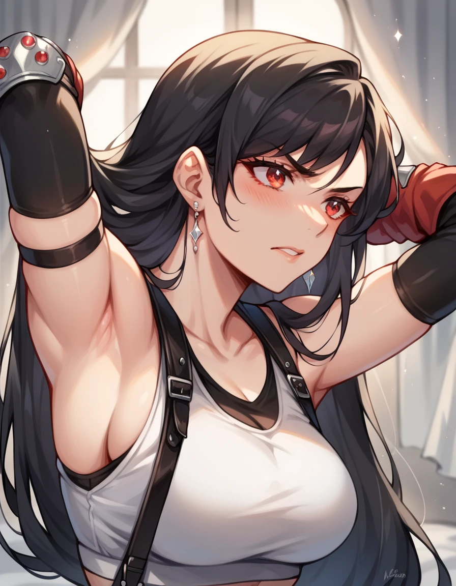 best quality, masterpiece, beautiful eyes, beautiful hair, beautiful face, beautiful skin, BREAK defTif, red eyes, black hair, low-tied long hair, earrings, white sports bra, black suspenders, black miniskirt, arm warmers, black elbow gloves, elbow pads, red gloves, red footwear, bedroom, nsfw, BREAK arms behind head, troubled eyebrows, aroused, embarrassed, 
