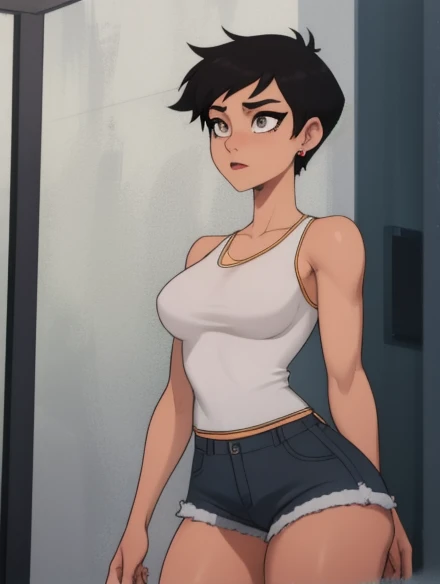 Best_QualityPos, RAW photo, intricate details, best quality, 8k uhd, 1girl, solo, grey eyes, short black hair, short hair, white tank top, bare shoulders, standing up, jean shorts, short breasts, 