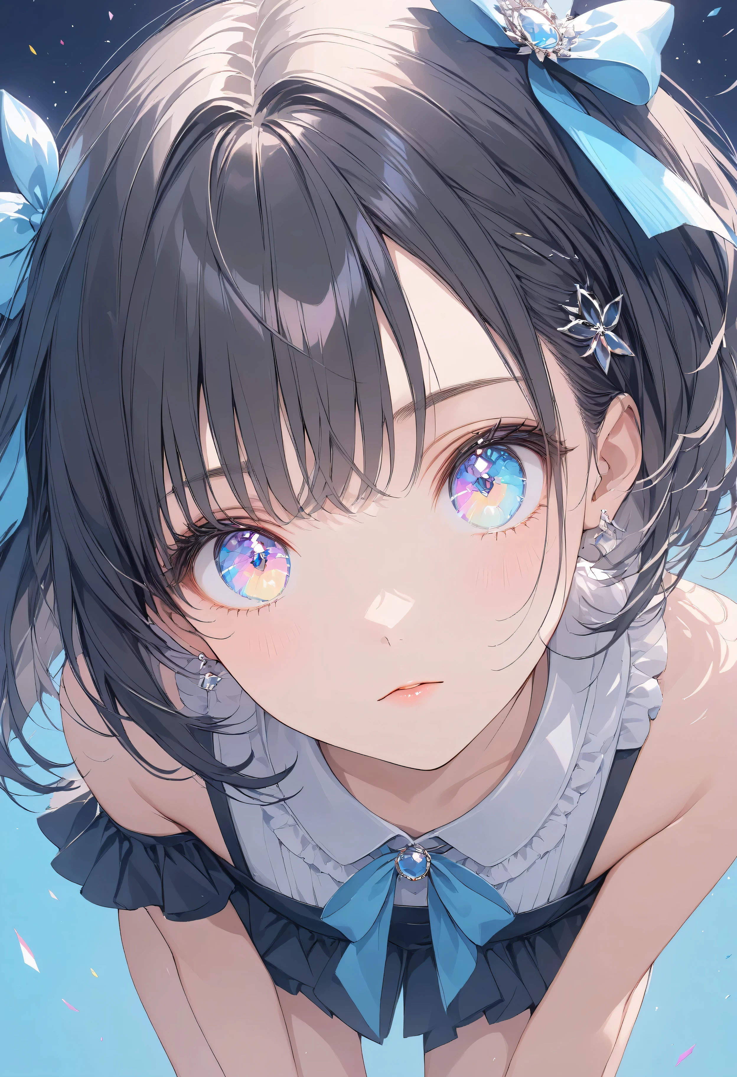 Masterpiece, high quality, high tonal range, high resolution, 16K, KyoAni illustration, background detail, digital painting, hyperrealistic, shimmering pastel colors, pop art, petite woman, young woman, beautiful face, long eyelashes, fair skin, full body, bare shoulders, black spats, thin legs, shiny thighs, black hair Idol with short bob and hair ornament, sparkling eyes, big eyes, peace in eyes, live stage, colorful spotlight, cinematic effect, cinematic angle