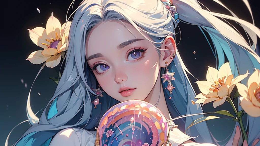 A girl with long rainbow hair, glowing rainbow eyes and an adorable smile wearing kimono, detailed anime style, fantasy illustration art, shiny glossy colorful lighting, glittery skin, glowing neon color palette, cute face