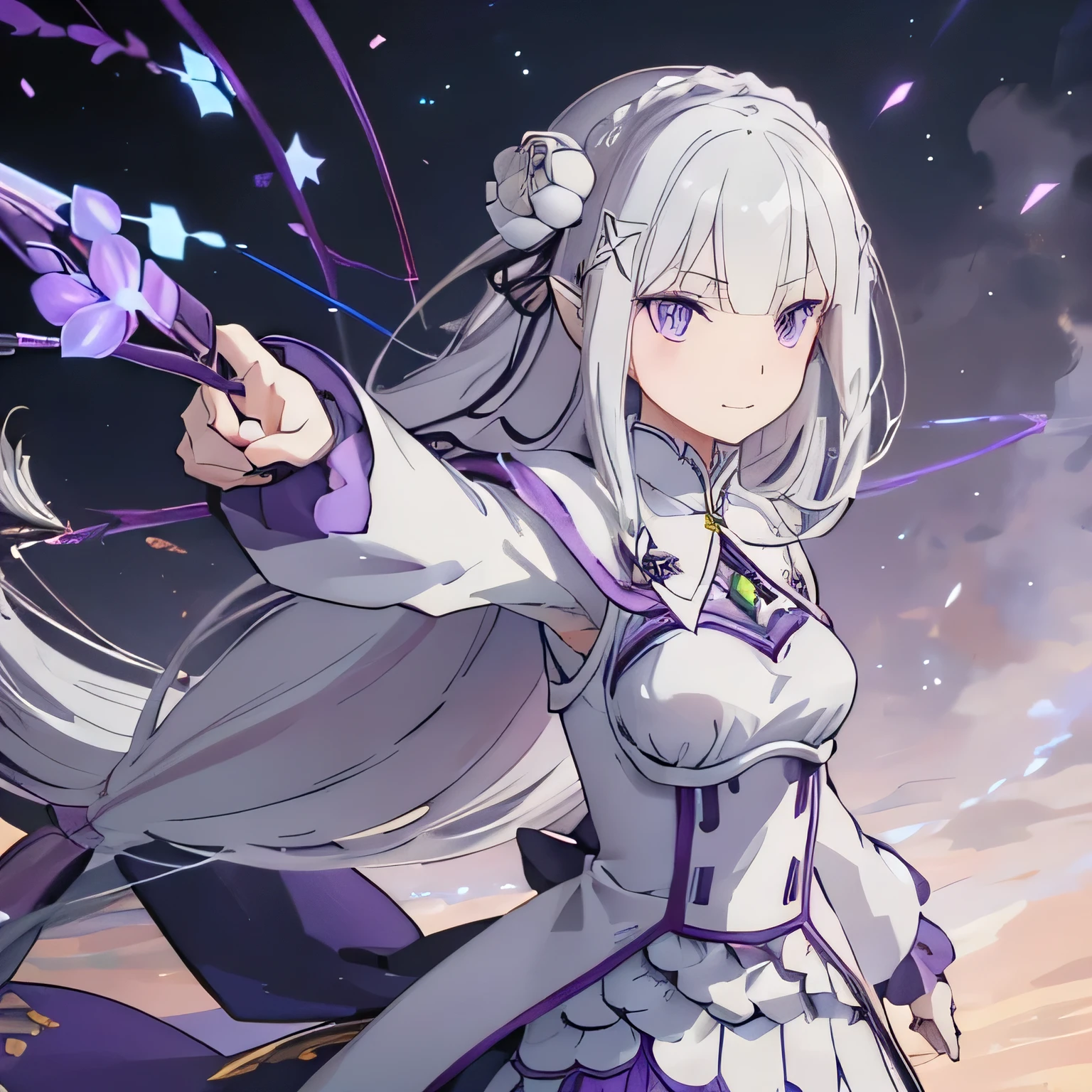 A skilled archer in an archery range, wearing a soft lavender-colored outfit with a flowing cape. The outfit is elegant yet functional, designed for agility and precision. She stands in a focused position, with her left hand firmly holding a bow and her right hand drawing an arrow to aim. Her posture exudes confidence and concentration, with the bowstring taut as she prepares to release the arrow. The background features a traditional archery range, with targets set up at various distances, enhancing the intensity of the scene. BLACK HIGH SOCKS. 1 girl, best illustration, Masterpiece , best quality, Perfect Anatomy , amazing hands, Perfect Hand , Cutting long hair, low thigh long hair , woven , crown woven , white hair , (Purple Eyes:1.2), ( beautiful detailed eyes :1.6), look at the viewers, pointy ears, Break Smile, medium chest , flower, hair flower, hair ornament, hair bow , White Flower, x hair ornament,