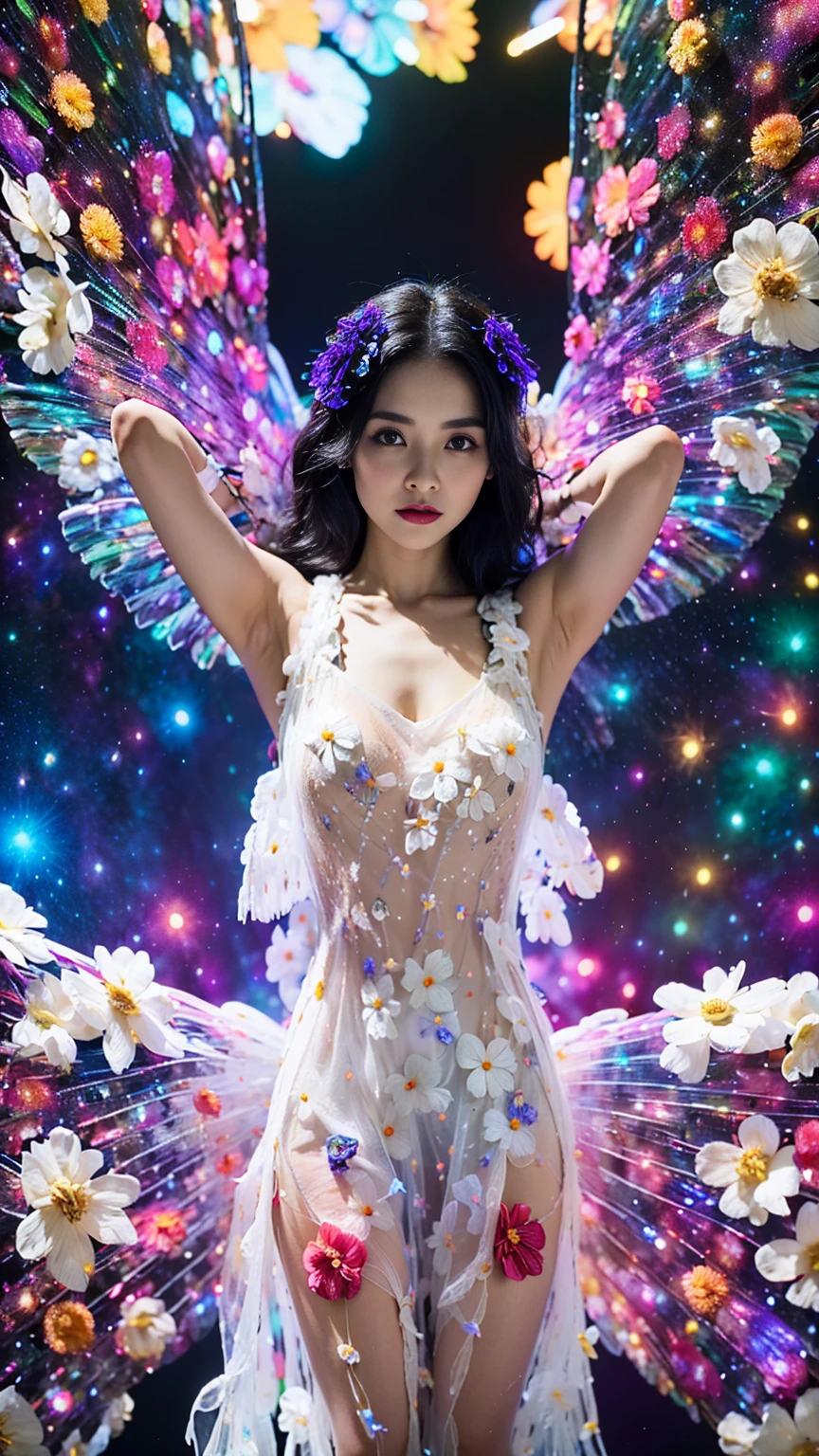 ((Large breasts)),Bare shoulders, short hemlines, 4k ultra hd, masterpiece, a girl, good face, detailed eyes, detailed lips, flower fairy girl, neon lights, (galaxy background:1.5), in the heaven, sitting on the unicon