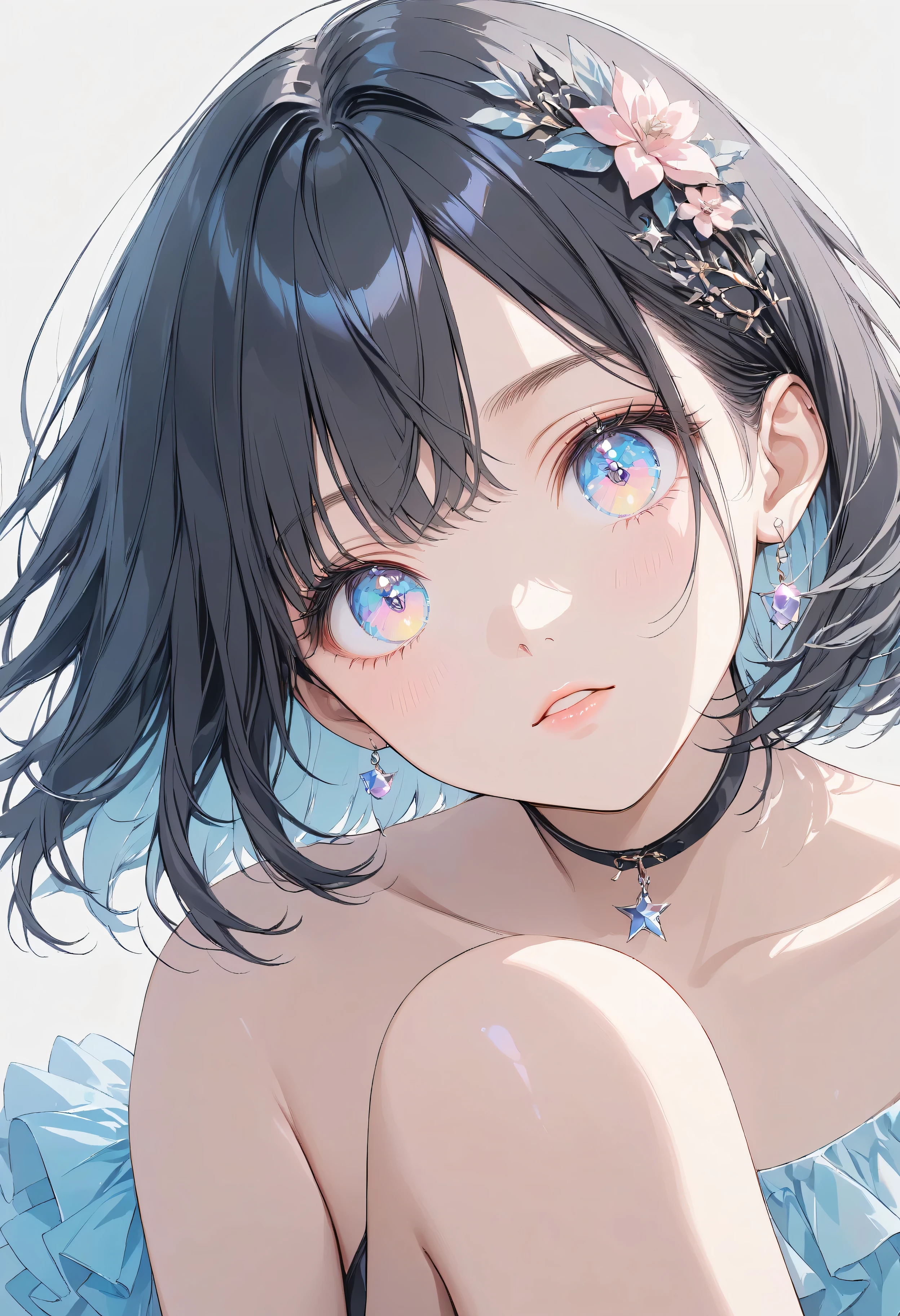 Masterpiece, high quality, high tonal range, high resolution, 16K, KyoAni illustration, background detail, digital painting, hyperrealistic, shimmering pastel colors, pop art, petite woman, young woman, beautiful face, long eyelashes, fair skin, upper body, bare shoulders, black spats, thin legs, shiny thighs, black hair Idol with short bob and hair ornament, sparkling eyes, big eyes, peace in eyes, live stage, colorful spotlight, cinematic effect, cinematic angle