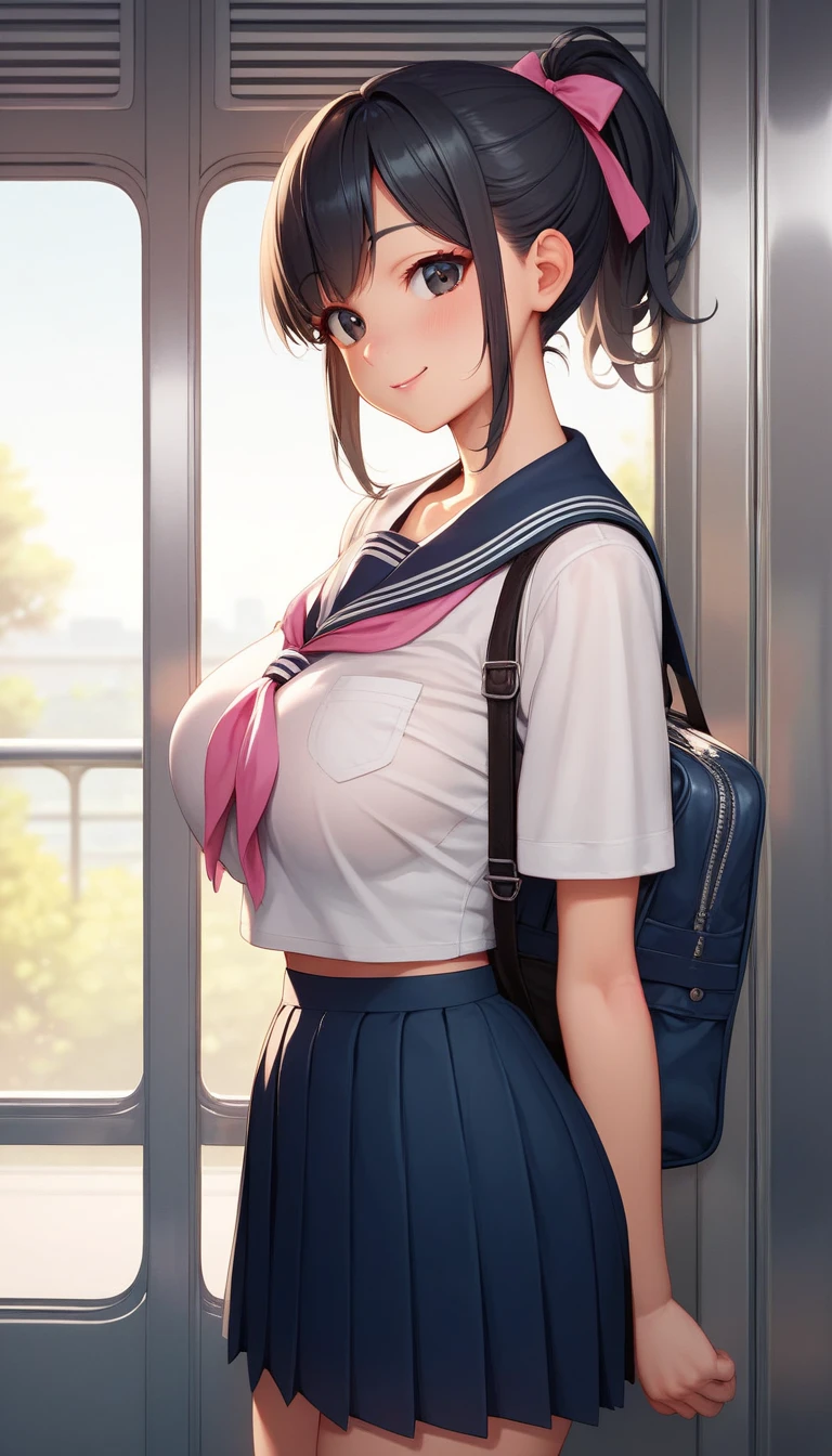 masterpiece, best quality, amazing quality, very aesthetic, absurdres, newest, scenery, volumetric lighting, depth of field, shiny skin,
1girl, solo, skirt, school uniform, bag, black hair, long hair, breasts, pleated skirt, looking at viewer, red eyes, large breasts, blue skirt, serafuku, ponytail, school bag, sailor collar, bangs, outdoors, short sleeves
breast curtains, 
masterpiece, best quality, amazing quality, very aesthetic, absurdres, newest, scenery <lora:breast_curtains:1>