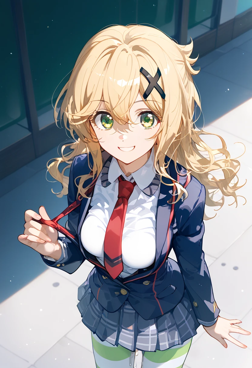  Akatsuki Kirika,blonde hair, 1girl, Alone, green eyes, looking at viewer, medium breasts x hair ornament,
school uniform, blazer, pleated skirt, white_shirt, red necktie smile (remove blazer and add sleeveless for the summer uniform),On the roof,見上げるアングルで, that makes your pee drip、 green and white striped pants at a look-up angle、 shamefully 