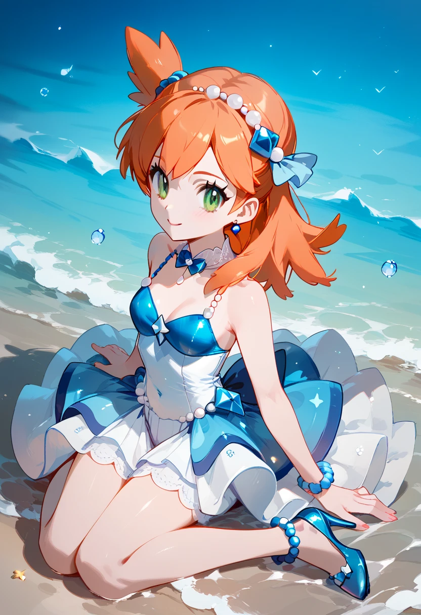 (Misty_Pokemon)
(Berry Short,Orange Hair,one side up hair,Big green eyes,Small breasts,Skinny) Ball Gown: This is a dress exclusive to Pokémon Contests, introduced in the sixth generation of the video games. It is a Japanese idol dress with pastel and bright blue colors, decorated with various ornaments such as pearls, diamonds or starfish. It is a beautiful dress that represents the sea.. It includes a bow,  high heels, and a golden bracelet to Mega Evolve .Dress in blue tones, beautiful shiny dress, 