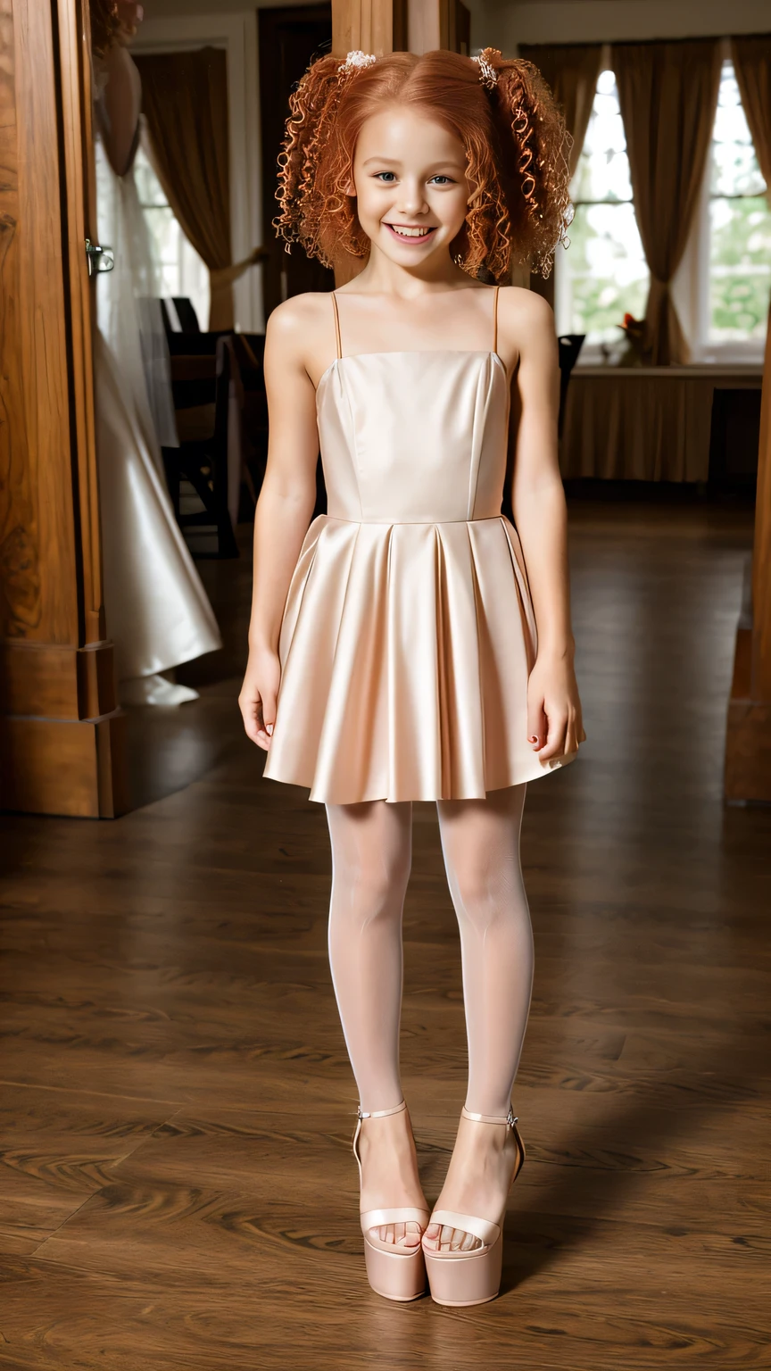 seven yearold petite , nude, scarlet hair, curly hair, smiling, stunning, awful, attractive, at wedding, pantyhose, wedding dress, Bondage, pigtail, platform high heels,