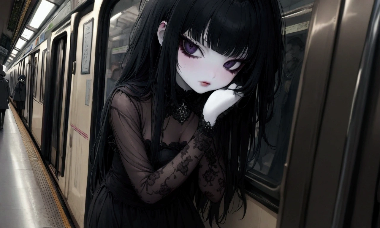 A mean goth girl (cute, age 20, black makeup, black sheer dress no underwear, black long hair, powder white skin, busty), leans against a wall looking disinterested in a busy train station
