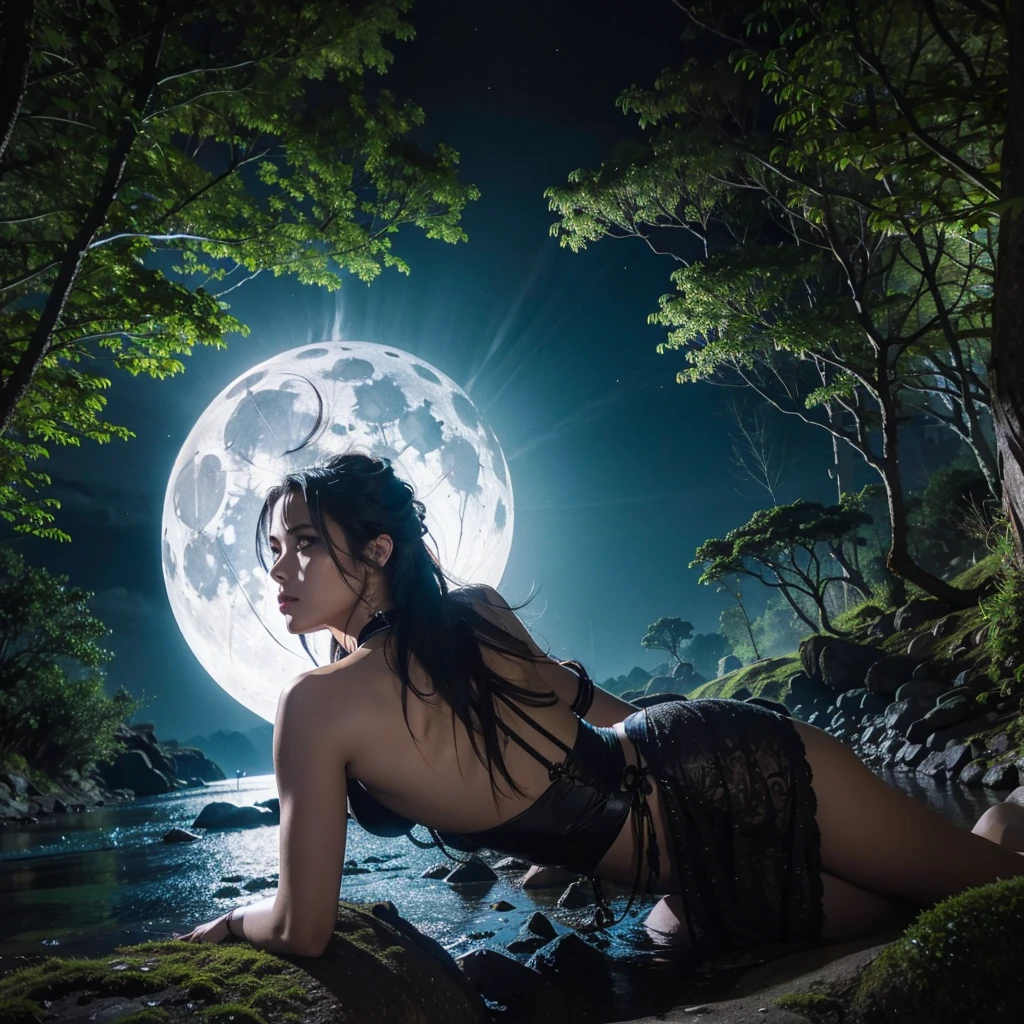 Goddess of the Moon,  forests of closed forests ,  mighty rivers , Edge of the Dark River,  nocturnal tropical vegetation, full moon night,  shadows and darkness , evil spirits ,  pagan rituals ,   background,  high resolution,  high contrast ,  high definition,  perfect proportions ,  high saturation , perfect asymmetry , bright, FIRST WORK