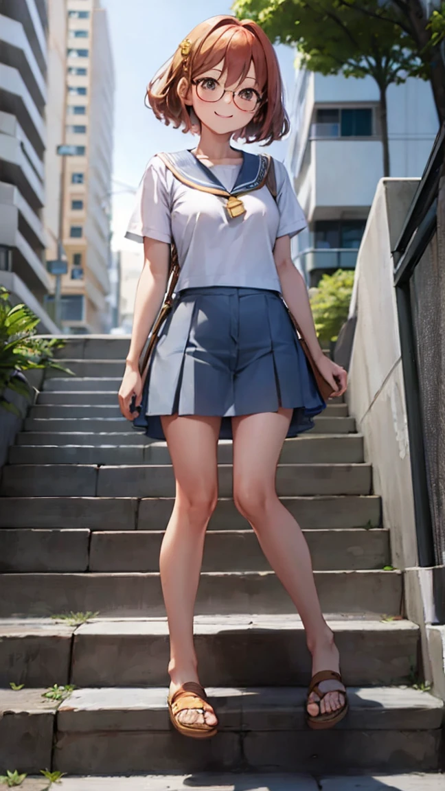 Stairs in the city、High image quality、[ smile、（A woman who is 150cm tall、I'm wearing glasses、Short bob to the shoulders、redhead hair、 micro mini sailor suit with fresh cream on the face） standing、Show your ass]