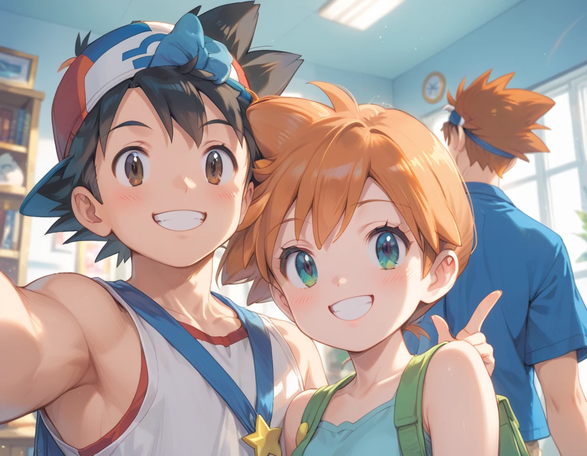 Ash_pokemon , black hair, brown eyes, smile soft .ash Ketchum ,1 guy. Misty_pokemon , Berry Short,Orange Hair, soft skin, girl looking at boy face to face, the boy is surprised and the girl has short hair and is smiling with her eyes open, her pupils are star-shaped, in the 's room, the perspective is frontal from the waist up estilo anime