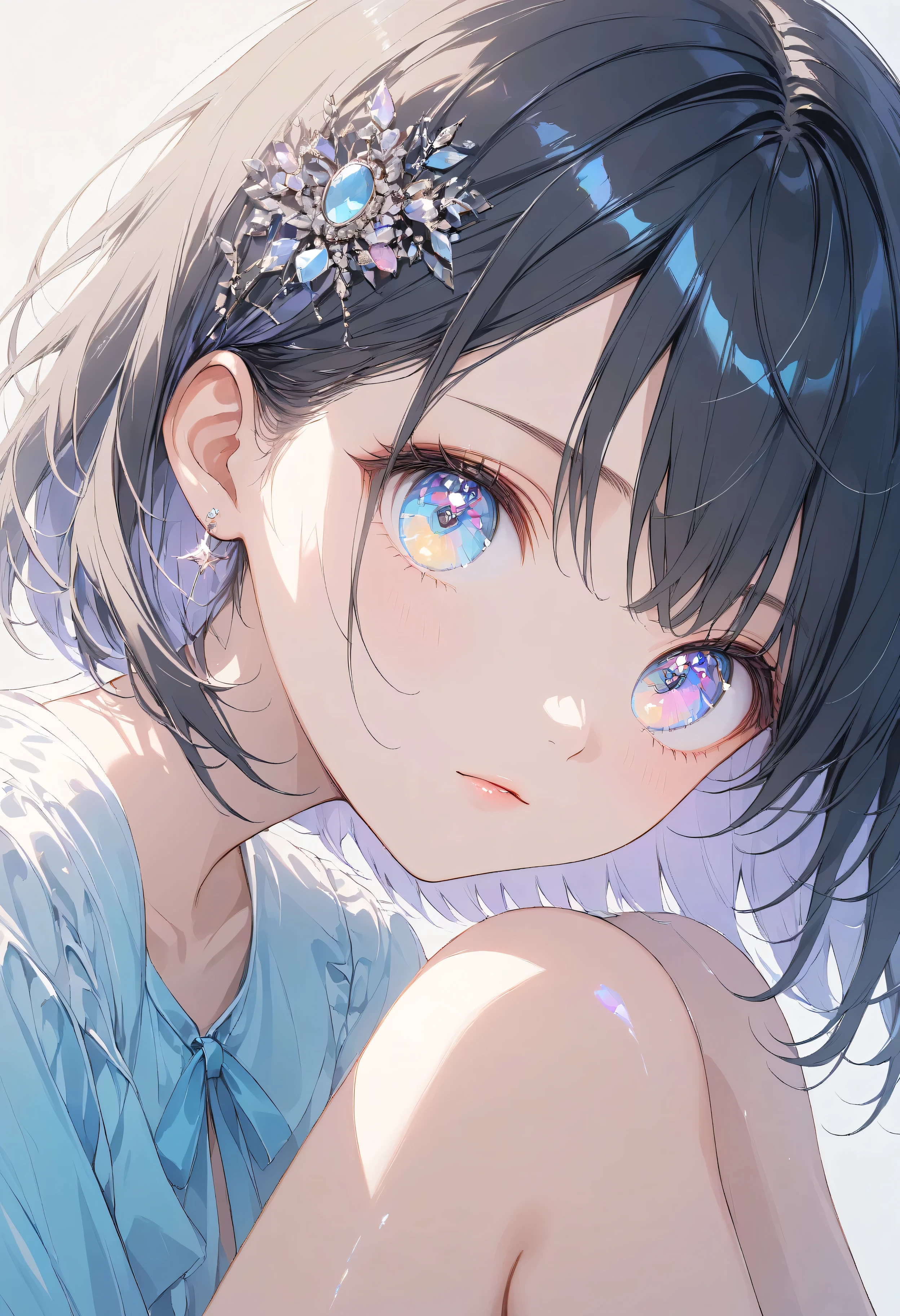 Masterpiece, high quality, high tonal range, high resolution, 16K, KyoAni illustration, background detail, digital painting, hyperrealistic, shimmering pastel colors, pop art, petite woman, young woman, beautiful face, long eyelashes, fair skin, upper body, bare shoulders, black spats, thin legs, shiny thighs, black hair Idol with short bob and hair ornament, sparkling eyes, big eyes, peace next to eyes, live stage, colorful spotlight, cinematic effect, cinematic angle