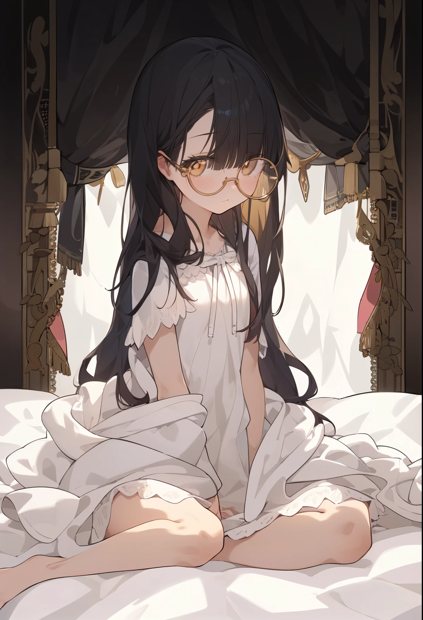 girl, cute,  {straight hair, long hair,  black hair, blunt bangs}, circle glasses, expressionless ,flat chest,  slender, half sleeves, long nightgown , shawl, bedroom , barefoot , chibi, brown eyes, loli, skinny