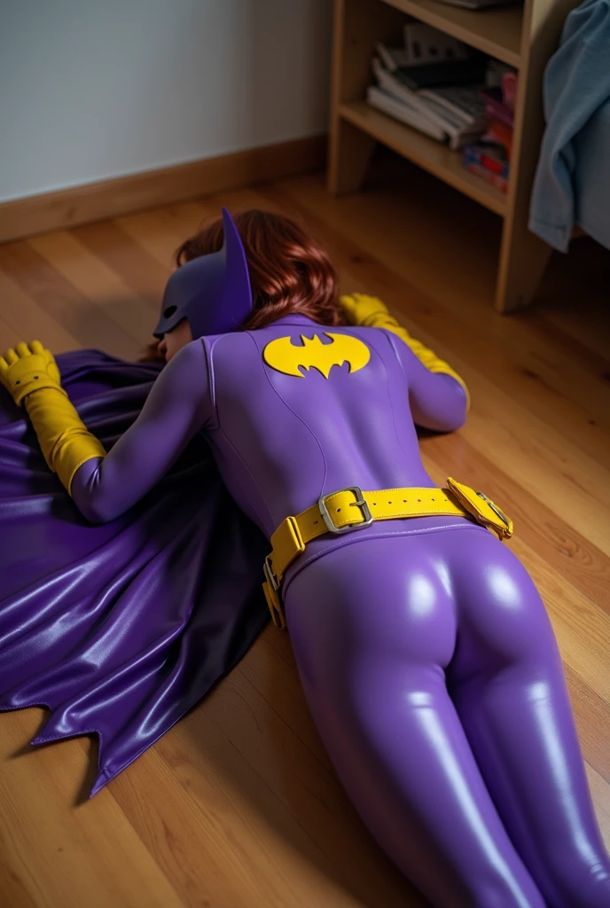 Barbara gordon,black suit,crystalblueeyes, red long hair, standing, looking to camera, vaginal sex pov, yellow cape, gloves, torn bodysuit, batprint, batgirl