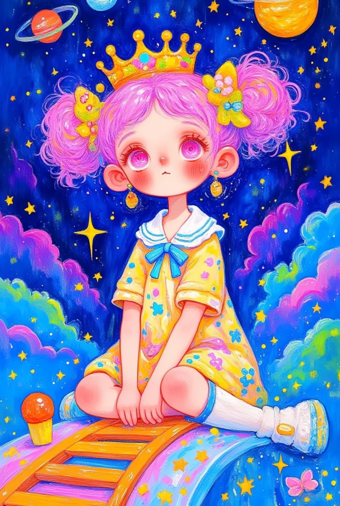  A beautiful illustration with oil painting texture， Rough Textures ，with visible brush strokes ， hand drawn cartoon art style ：There is a picture of a girl with a flower crown on her head in the clouds， starry sky 。Star，Rainy clouds