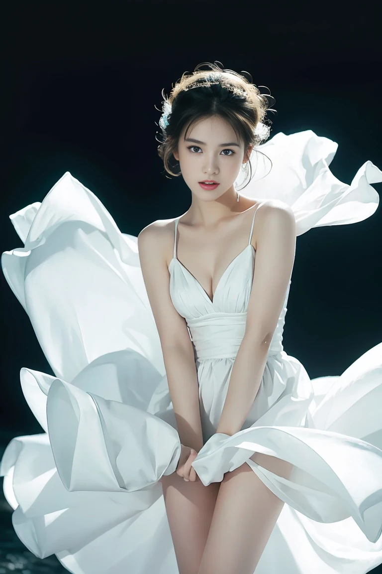 (masterpiece), (Highest quality), photograph, One girl, White Dress, marilyntug, Pulling on the dress