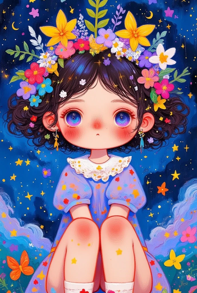  A beautiful illustration with oil painting texture， Rough Textures ，with visible brush strokes ， hand drawn cartoon art style ：There is a picture of a girl with a flower crown on her head in the clouds， starry sky 。