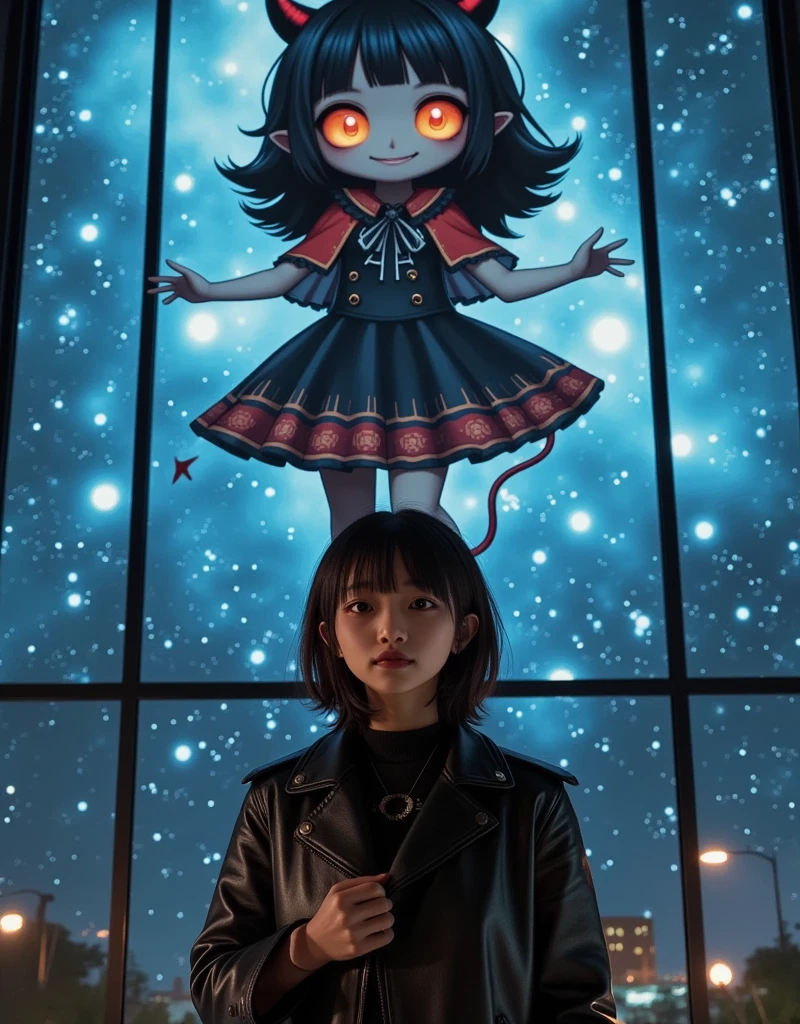 She is standing in front of a Black-Chibi-Devil-Girl anime projected on a blue laser projector using the entire large glass-fronted building as a screen, ultra-realistic, photorealistic, dramatic scene, shadow, global-illumination, solo, (Japanese adult girl is looking at viewers:1.5), bad girl, very beautiful with very cute but boyish cool face, she is wearing punk rock outfits with leather jacket, the Black-Chibi-Devil-Girl anime that projected on huge glass screen is 1girl\(dark black devil,cute,big eyes,large circle eyes,black skin,evil smile,long nail,orange eyes, vivid orange eyes, dark black skin, looking down,wearing a cute floral patterned red with black gothic capelet\(big,long,Tattered\), backlit,full body\) and is flying in the sky with amazing view of milky way, professional lighting, at night,