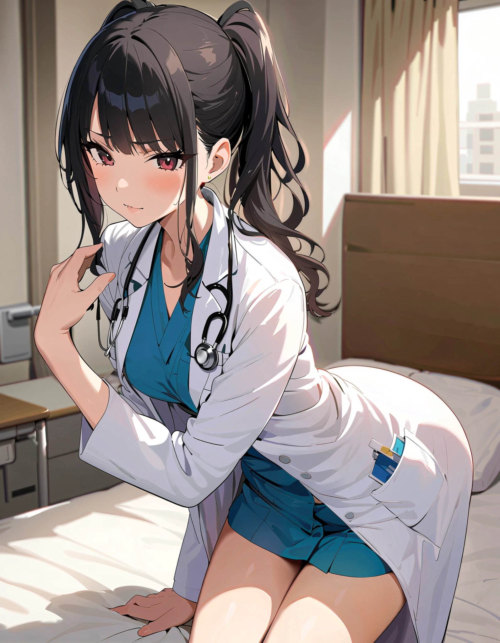 (masterpiece),( best quality),(  Very detailed),(  best shadow ),(  detailed background ),( Very Beautiful ), Official style, Hiori Kazano,  ponytail,  black hair ,  dark eyes, ( small breasts),  cleavage, ( red cheeks :1.2), (Female doctor:1.3), ( Sexy Poses :1.3), (Patients ask for sex and they forgive their bodies:1.3), (Private room), (hospital:1.3), (cowboy shot),  real skin , nsfw