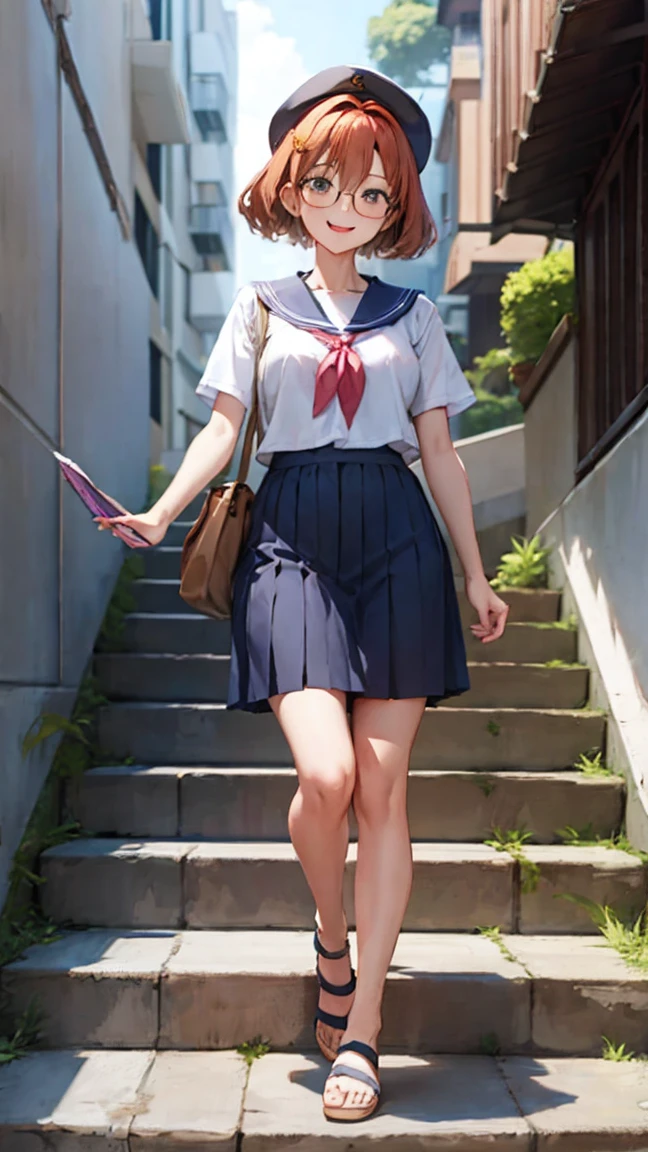 Stairs in the city、High image quality、[ smile、（A woman who is 150cm tall、I'm wearing glasses、Short bob to the shoulders、redhead hair、 micro mini sailor suit with fresh cream on the face） standing、Roll up your skirt and show your butt]