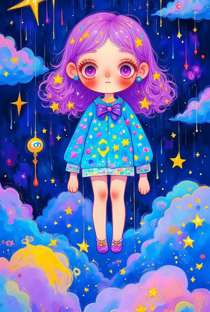  A beautiful illustration with oil painting texture， Rough Textures ，with visible brush strokes ， hand drawn cartoon art style ：Girl in the clouds， starry sky 。Star，Rainy clouds