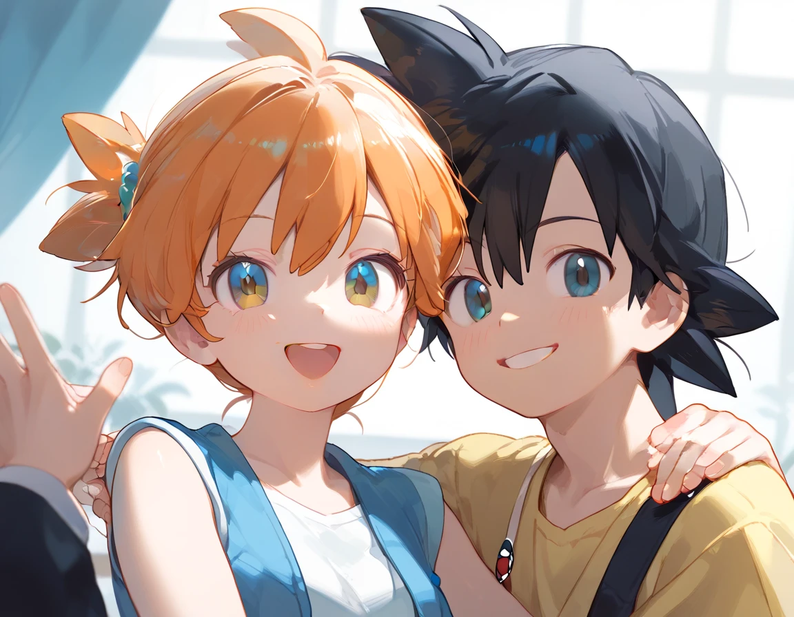 Ash_pokemon , black hair, brown eyes, smile soft .ash Ketchum ,1 guy. Misty_pokemon , Berry Short,Orange Hair, soft skin, girl looking at boy face to face, the boy is surprised and the girl has short hair and is smiling with her eyes open, her pupils are star-shaped, in the 's room, the perspective is frontal from the waist up estilo anime