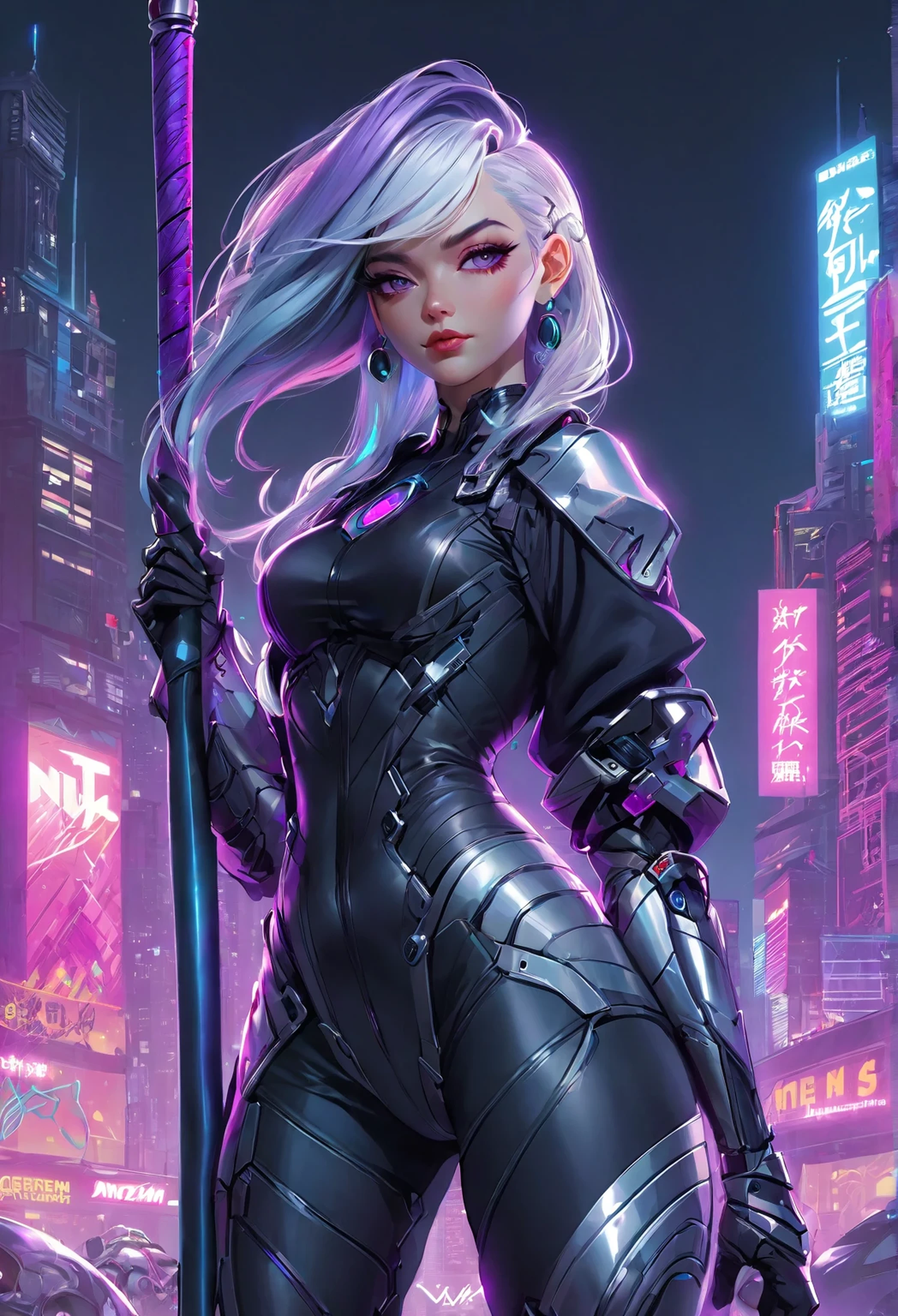 a woman with hair and a black shirt is standing in front of a neon city background with full moon, Beautiful female cyborg,whole body is synthetic silicon and armor, white and purple and magenta colors, She is holding a baseball bat in her hand, resting it on her shoulder, lois van baarle and rossdraws, portrait of lucy from Cyberpunk Edgerunners, artgerm and lois van baarle, rossdraws 2. 0, rossdraws 1. 0, rossdraws 2. 5, artgerm and rossdraws, artgerm comic, 8K image quality, Masterpiece black background with full moon, 8K image quality, Masterpiece