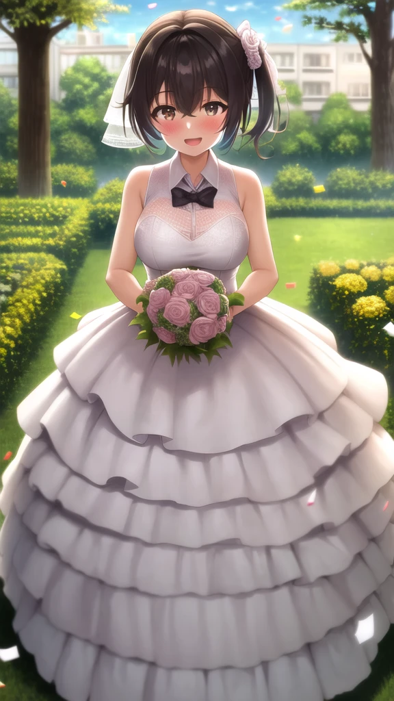 masterpiece, best quality, high quality, girl, solo, looking at viewer, ryuuto_kashima, black hair, brown eyes, large breasts, wedding Dress, standing, garden, confetti, holding bouquet, smile, open mouth,