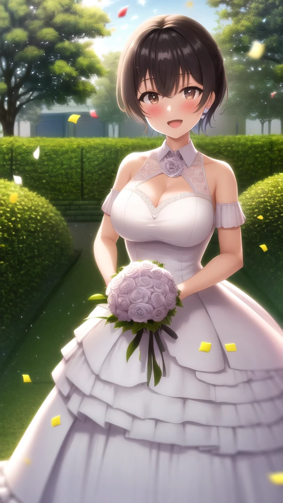 masterpiece, best quality, high quality, girl, solo, looking at viewer, ryuuto_kashima, black hair, brown eyes, large breasts, wedding Dress, standing, garden, confetti, holding bouquet, smile, open mouth,