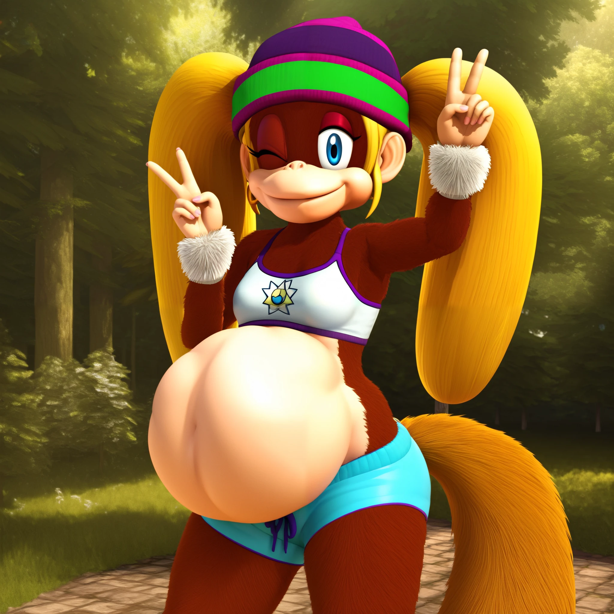 score_9, solo, t_kong, beanie, blonde hair, twintails, blue eyes, crop top, wristband, midriff, one eye closed, smile, v, forest vore large belly inside tails the fox stomach 