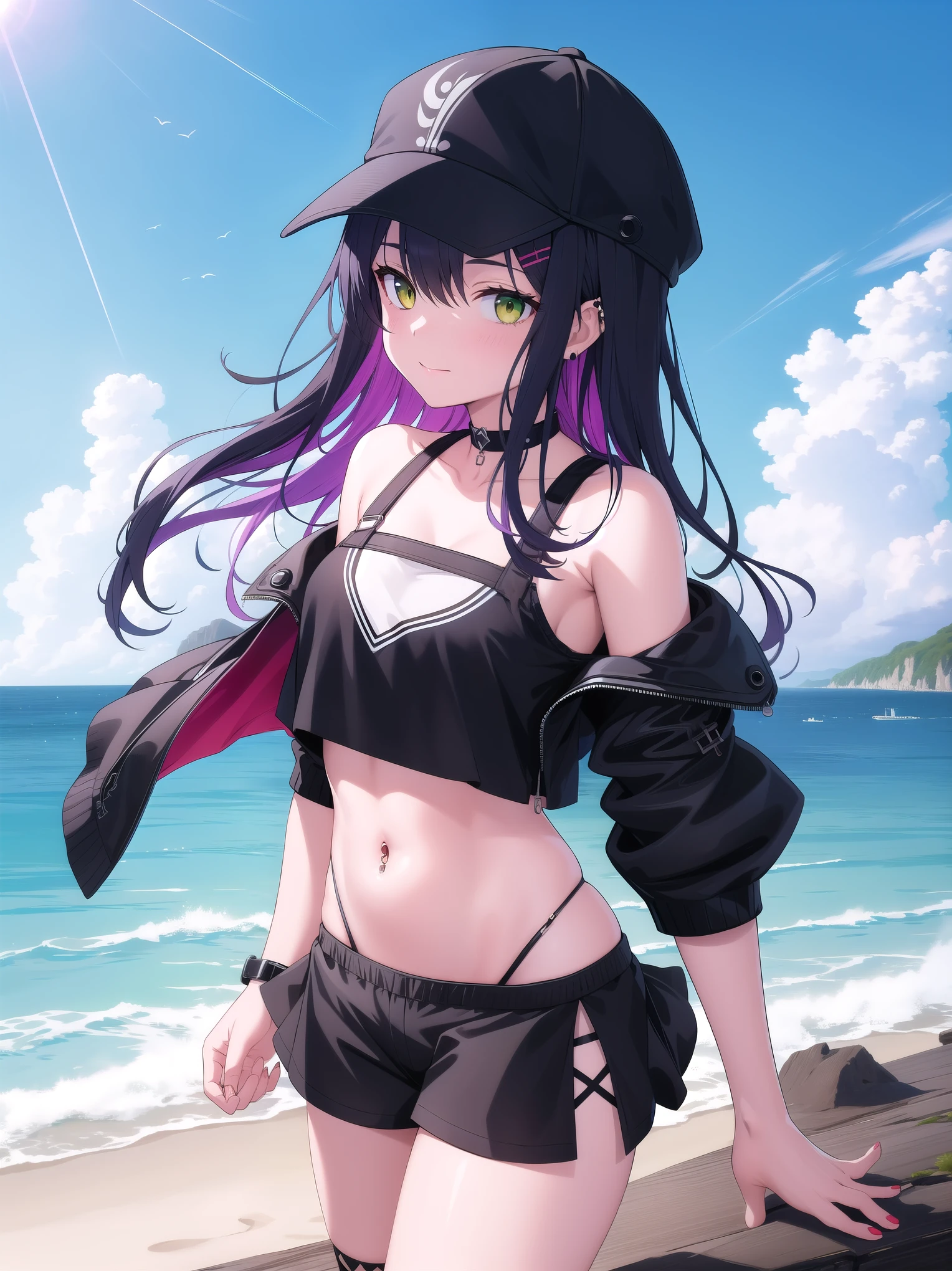 (( Masterpiece )),( best quality), Official Art, Highly Detailed CG, Unity 8K Wallpaper, super detailed,Lighthouse on the cliff、It's by the sea, 1 girl,Alone, upper body,( portrait:1.2),tokoyami towa,Asymmetrical footwear,asymmetrical leg clothing ,Baseball cap, Sports Time , black choker,Black footwear, black headwear, black shorts, black tank top ,colored inner hair, crop top, cropped jacket ,Demon Girl ,Demon's Tail,Ear Piercing,False horns, fishnet legwear,Green Eyes, hair ornament, hair clips, have ,Horned hat, white jacket, long hair, Long Sleeve ,abdomen, Mismatched Footwear,Multicolored Hair,Belly button piercing, off shoulder, Pink Hair,pointy ears, purple hair,shoes,紫色の long hair, Short Shorts ,sidelocks,Single Garter,single thighhigh,smile, striped hair, tail ornament ,tail earring , twin tails, uneven legwear,Strong light, strong highlights ,