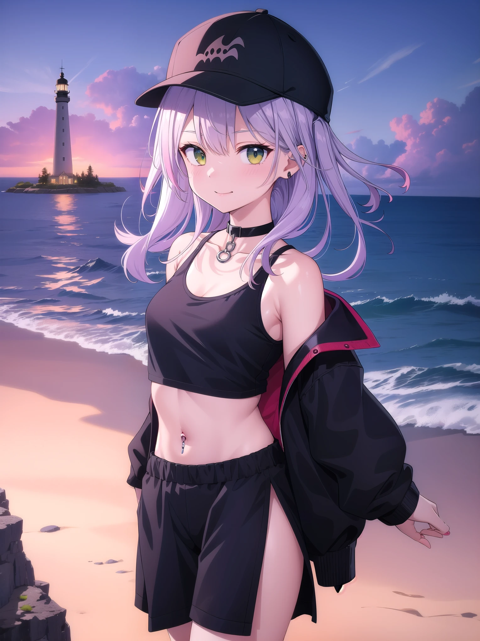 (( Masterpiece )),( best quality), Official Art, Highly Detailed CG, Unity 8K Wallpaper, super detailed,Lighthouse on the cliff、It's by the sea, 1 girl,Alone, upper body,( portrait:1.2),tokoyami towa,Asymmetrical footwear,asymmetrical leg clothing ,Baseball cap, Sports Time , black choker,Black footwear, black headwear, black shorts, black tank top ,colored inner hair, crop top, cropped jacket ,Demon Girl ,Demon's Tail,Ear Piercing,False horns, fishnet legwear,Green Eyes, hair ornament, hair clips, have ,Horned hat, white jacket, long hair, Long Sleeve ,abdomen, Mismatched Footwear,Multicolored Hair,Belly button piercing, off shoulder, Pink Hair,pointy ears, purple hair,shoes,紫色の long hair, Short Shorts ,sidelocks,Single Garter,single thighhigh,smile, striped hair, tail ornament ,tail earring , twin tails, uneven legwear,Strong light, strong highlights ,