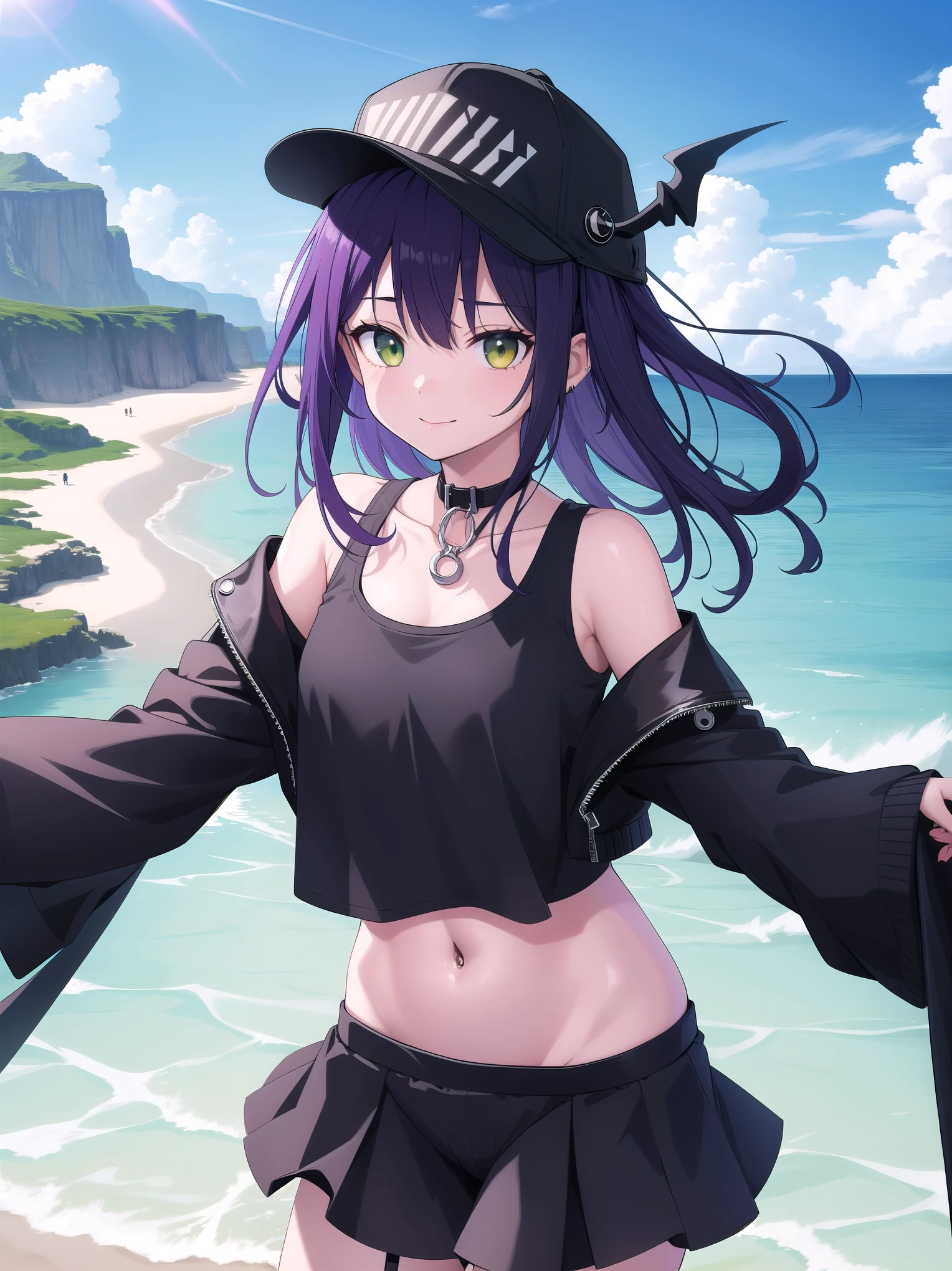 (( Masterpiece )),( best quality), Official Art, Highly Detailed CG, Unity 8K Wallpaper, super detailed,Lighthouse on the cliff、It's by the sea, 1 girl,Alone, upper body,( portrait:1.2),tokoyami towa,Asymmetrical footwear,asymmetrical leg clothing ,Baseball cap, Sports Time , black choker,Black footwear, black headwear, black shorts, black tank top ,colored inner hair, crop top, cropped jacket ,Demon Girl ,Demon's Tail,Ear Piercing,False horns, fishnet legwear,Green Eyes, hair ornament, hair clips, have ,Horned hat, white jacket, long hair, Long Sleeve ,abdomen, Mismatched Footwear,Multicolored Hair,Belly button piercing, off shoulder, Pink Hair,pointy ears, purple hair,shoes, Short Shorts ,sidelocks,Single Garter,single thighhigh,smile, striped hair, tail ornament ,tail earring , twin tails, uneven legwear,Strong light, strong highlights ,
