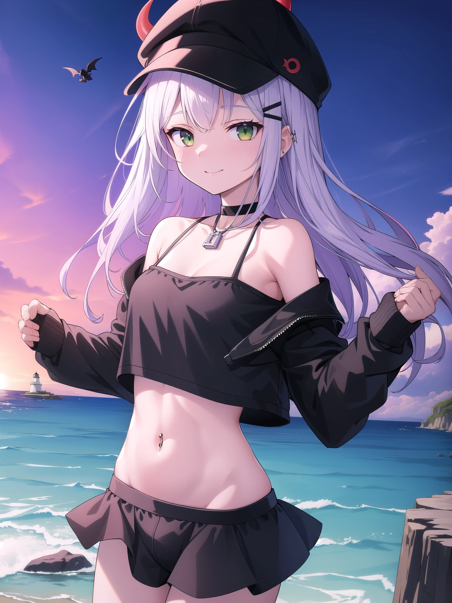 (( Masterpiece )),( best quality), Official Art, Highly Detailed CG, Unity 8K Wallpaper, super detailed,Lighthouse on the cliff、It's by the sea, 1 girl,Alone, upper body,( portrait:1.2),tokoyami towa,Asymmetrical footwear,asymmetrical leg clothing ,Baseball cap, Sports Time , black choker,Black footwear, black headwear, black shorts, black tank top ,colored inner hair, crop top, cropped jacket ,Demon Girl ,Demon's Tail,Ear Piercing,False horns, fishnet legwear,Green Eyes, hair ornament, hair clips, have ,Horned hat, white jacket, long hair, Long Sleeve ,abdomen, Mismatched Footwear,Multicolored Hair,Belly button piercing, off shoulder, Pink Hair,pointy ears, purple hair,shoes, Short Shorts ,sidelocks,Single Garter,single thighhigh,smile, striped hair, tail ornament ,tail earring , twin tails, uneven legwear,Strong light, strong highlights ,