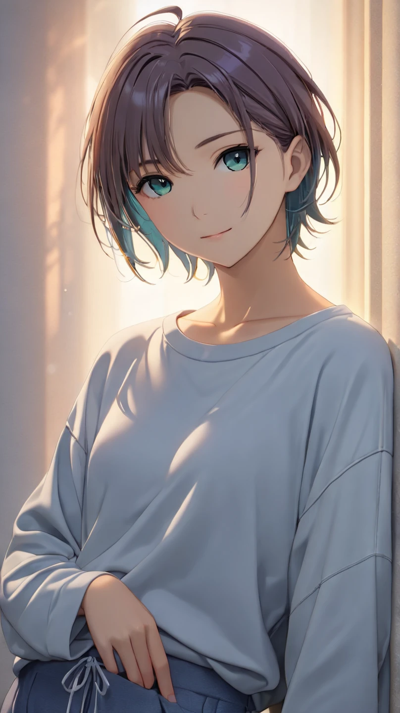 t_asakura, 1girl, ahoge, aqua eyes, (8k, best quality, masterpiece:1.2), high quality, ultra high definition, (1girl:1.3), (Alone), (Perfect Anatomy:1.3), short, slightly tousled light gray hair with a faint bluish tint, sleek and casual hairstyle with soft layers, boyish and androgynous charm, calm and introspective young woman, short textured bangs, layered and tousled long nape, asymmetrical bangs, soft side-swept fringe, modern and minimalistic style, oversized hoodie or casual t-shirt, (relaxed-fit pants:1.7), ethereal and mysterious atmosphere, serene and gentle smile, Best Illumination, cinematic lighting, crisp details, vibrant colors, beautiful detailed face and eyes, (face shot:1.3), low angle, natural posing, looking directly at the camera, relaxed expression, (center part:1.7), long eyelashes, 

