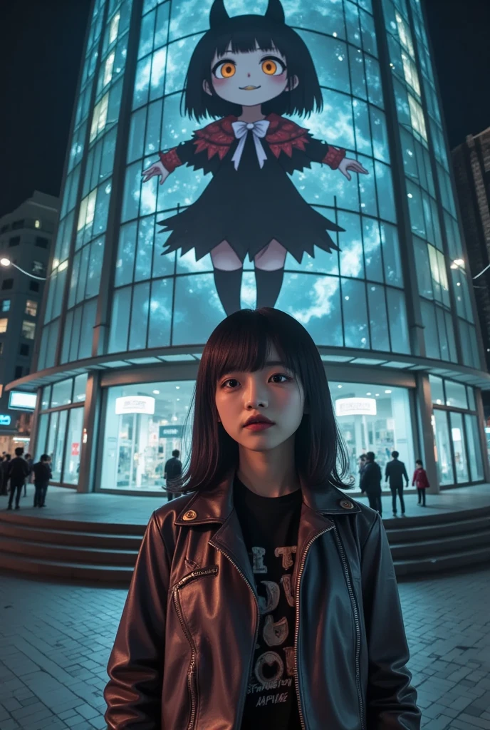 She is standing in front of a Black-Chibi-Devil-Girl anime projected on a blue laser projector using the entire large glass-fronted building as a screen, ultra-realistic, photorealistic, dramatic scene, shadow, global-illumination, solo, (Japanese adult girl is looking at viewers:1.5), bad girl, very beautiful with very cute but boyish cool face, she is wearing punk rock outfits with leather jacket, the Black-Chibi-Devil-Girl anime that projected on huge glass screen is 1girl\(dark black devil,cute,big eyes,large circle eyes,black skin,evil smile,long nail,orange eyes, vivid orange eyes, dark black skin, looking down,wearing a cute floral patterned red with black gothic capelet\(big,long,Tattered\), backlit,full body\) and is flying in the sky with amazing view of milky way, professional lighting, at night,