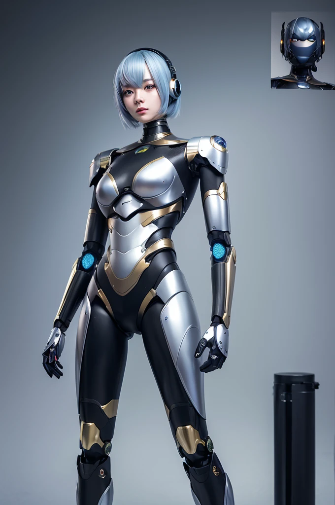 Precise face depiction, female cyborg, energy is fusion, body is made of metal, some artificial skin, appearance is close to human, metal parts are also exposed, instruments on chest, interface on arms, beauty, Japan person, ((full body: 1.2)), (body emits light)